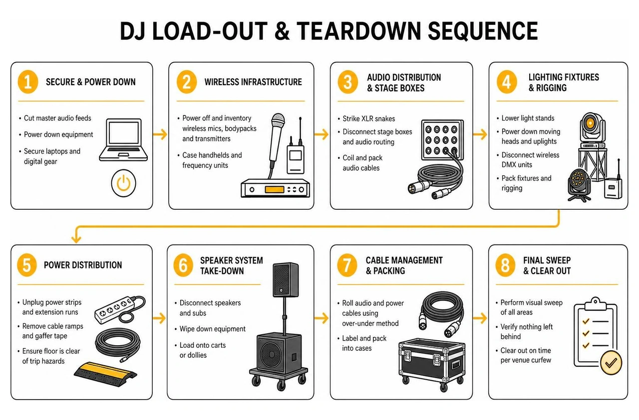 Step-by-step DJ load-out and teardown sequence