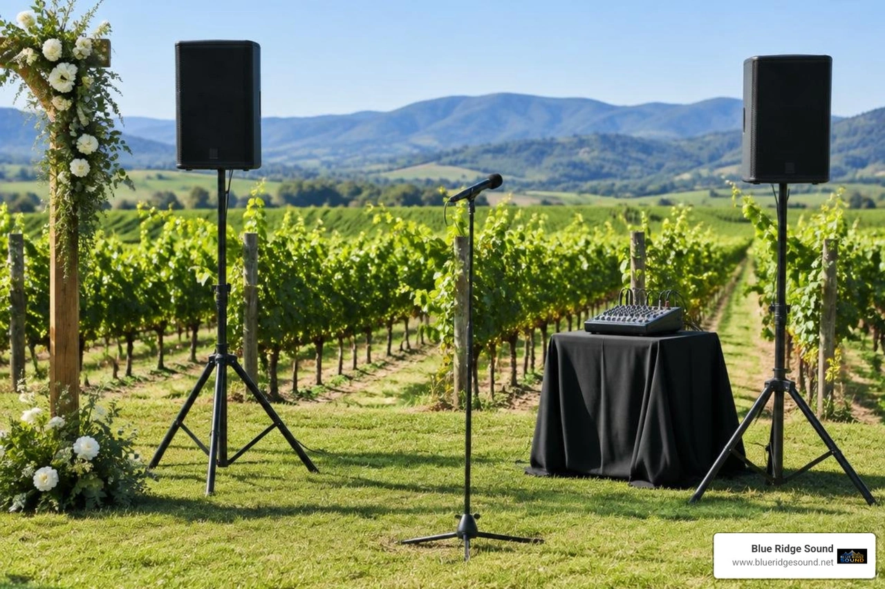 outdoor vineyard wedding ceremony audio setup
