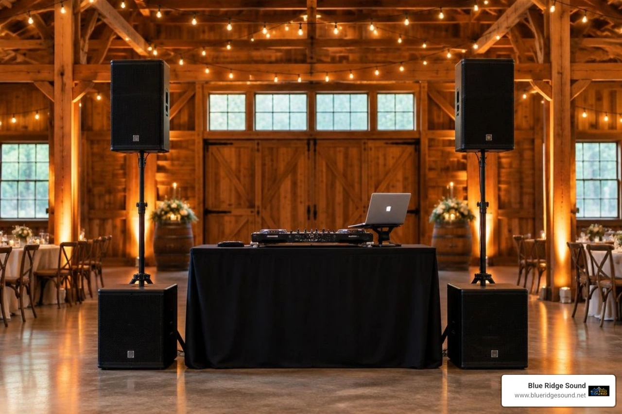 sleek sound system setup inside a rustic Crozet reception barn