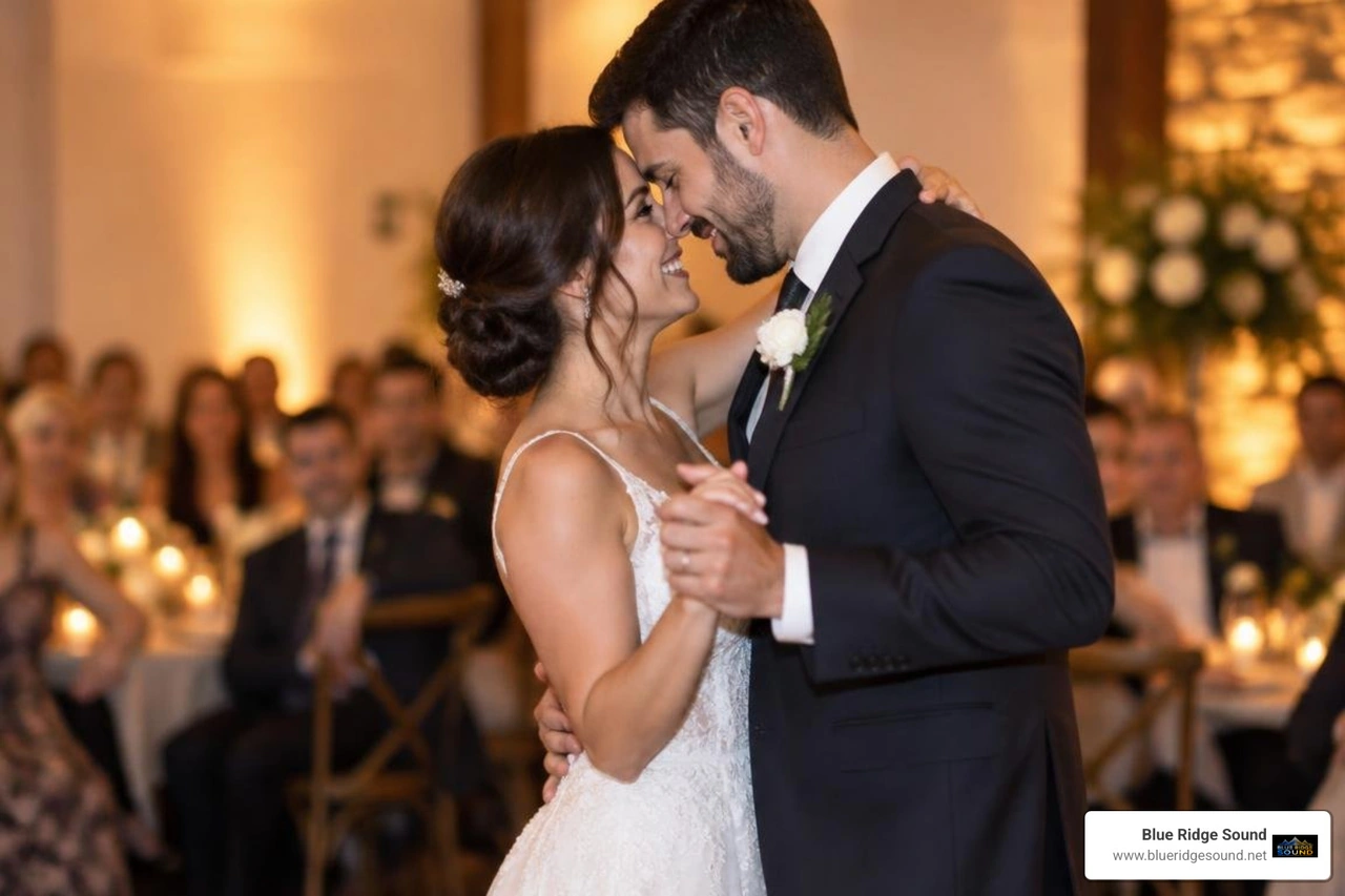 couple dancing under warm romantic reception uplighting