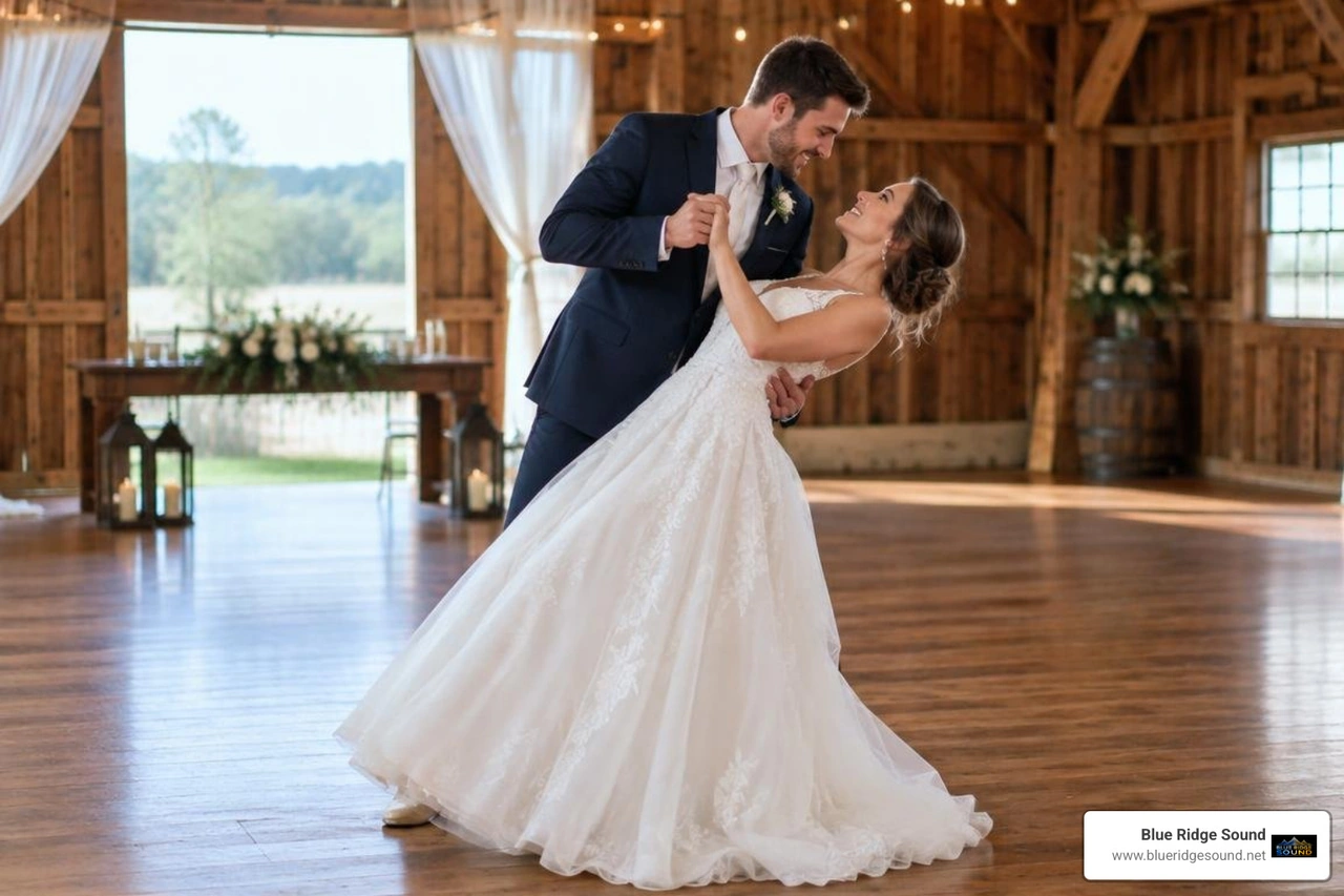 couple practicing a graceful dip and turn for their wedding reception