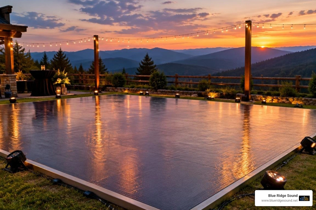 Waterproof outdoor lighting cabling and slip-resistant dance floor surface