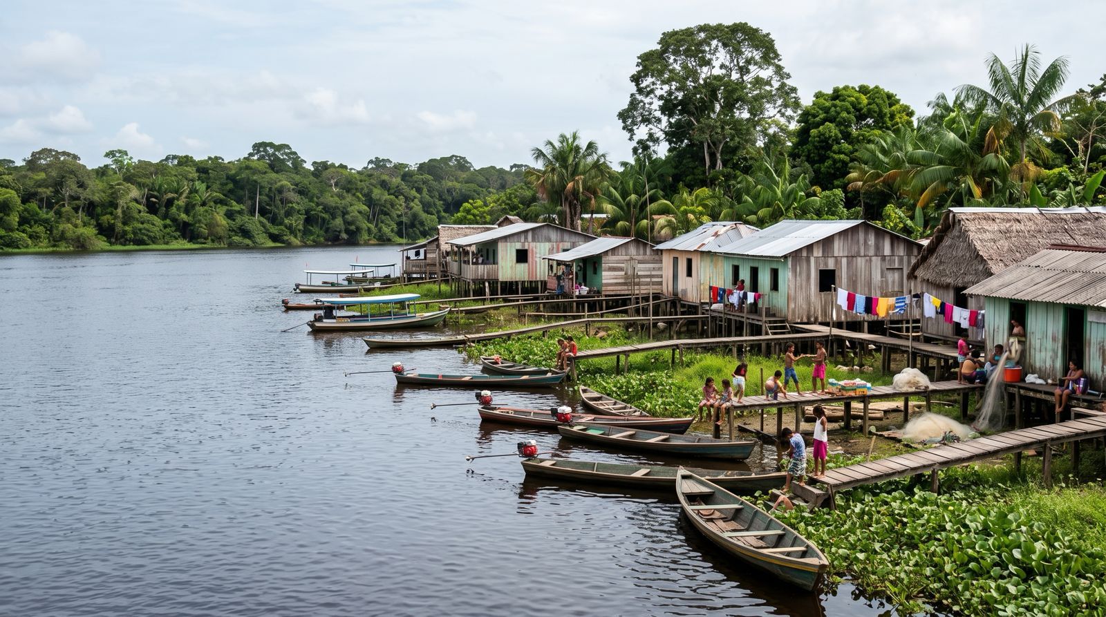 Maisons sur pilotis et pirogues d’une communauté riveraine