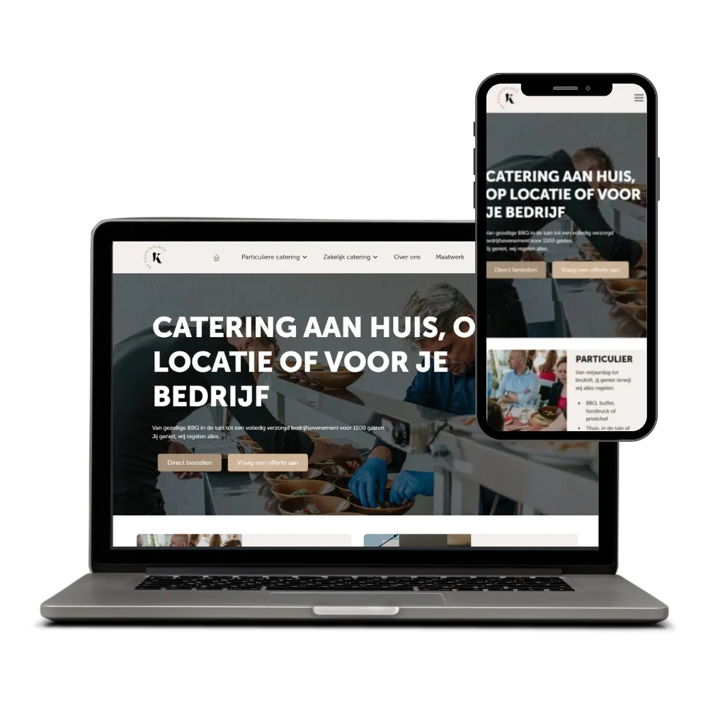 Laptop en telefoon met de cateringwebsite van De Keukenploeg