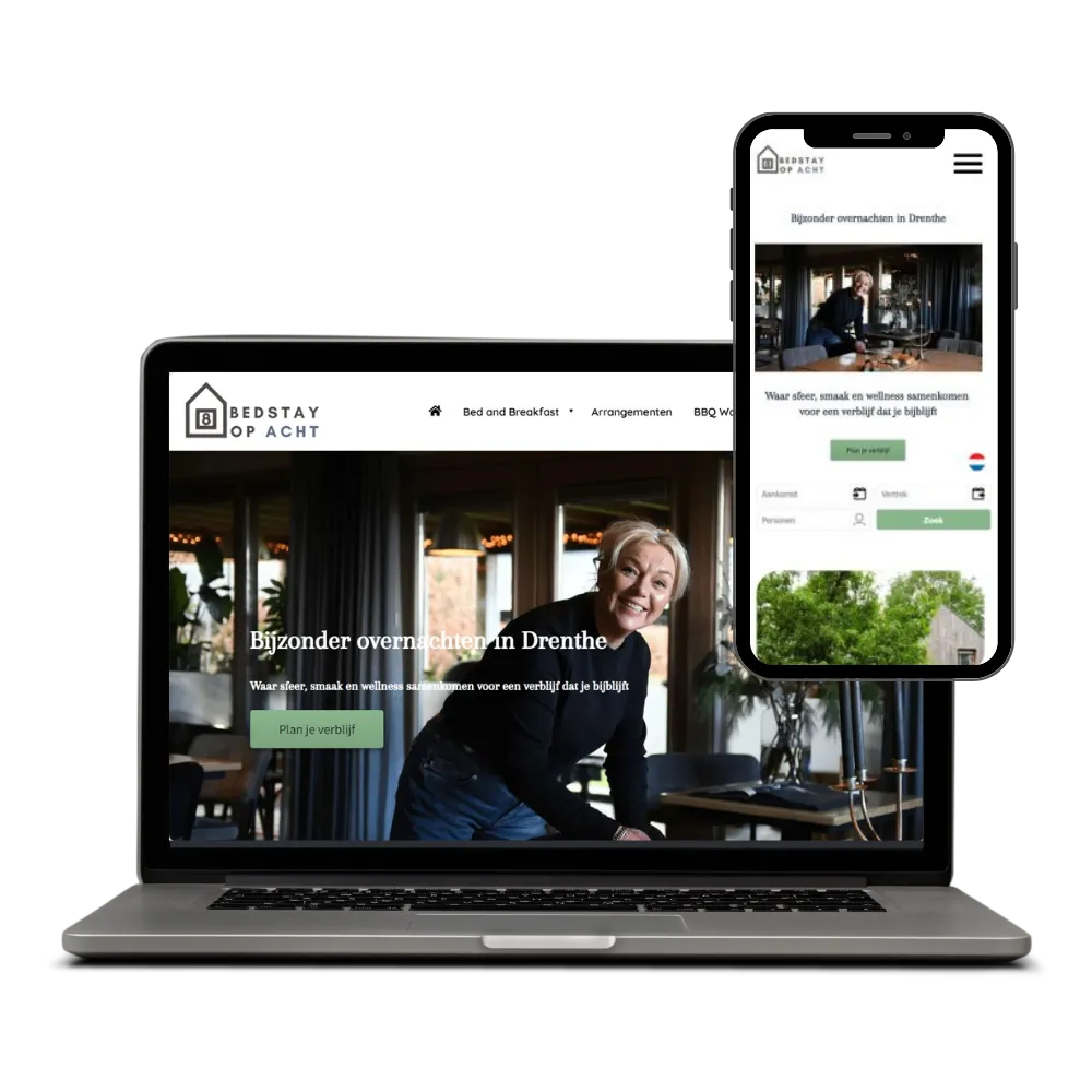 Laptop en telefoon met de website van B&B Bedstay op 8