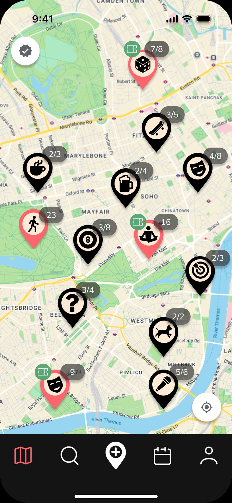 The Seshr app map of central London, with activity pins for board games, pints, coffee, pub quiz, comedy and karaoke, each showing how many spots are filled