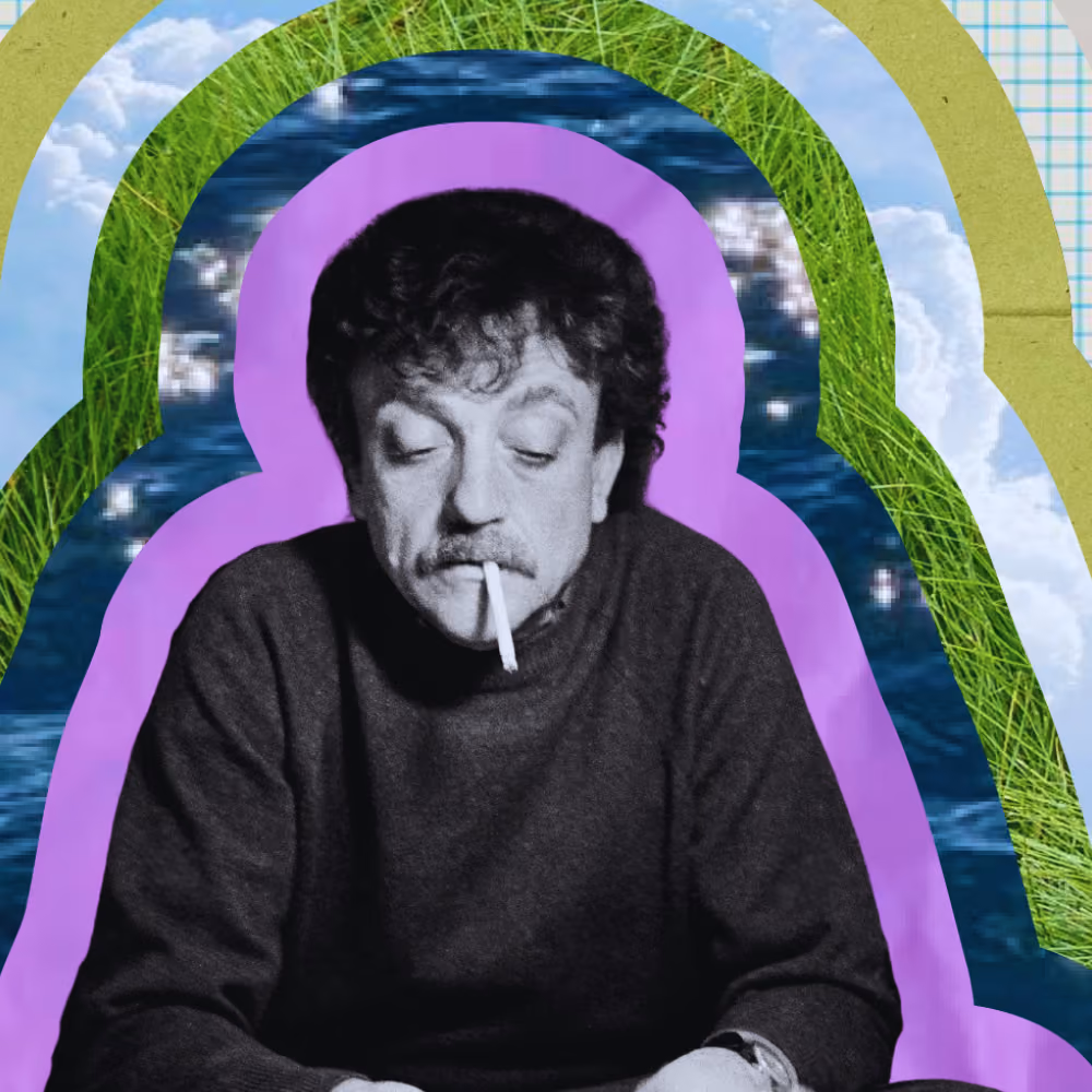 Black-and-white photo of a man with curly hair and a mustache, wearing a dark sweater, smoking a cigarette with eyes half-closed, set against a colorful layered collage background of grassy textures, water, sky, and grid patterns framed by a purple outline around him.
