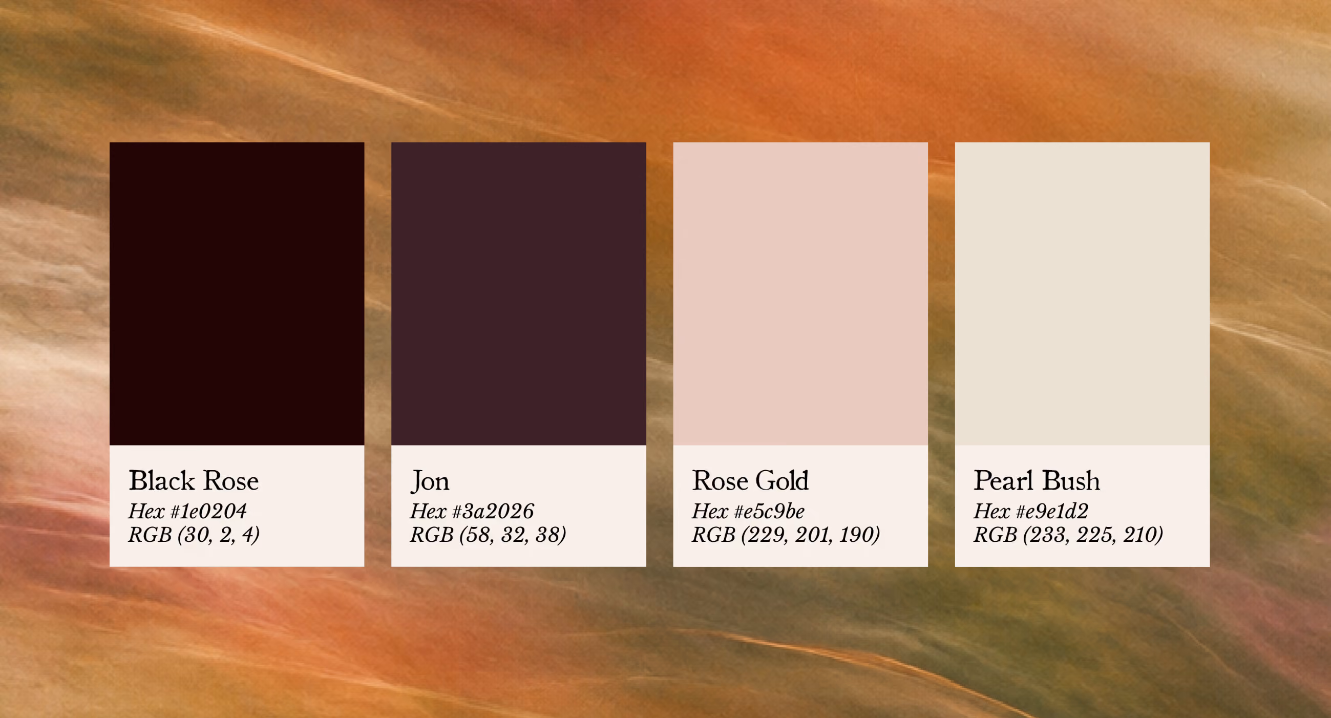 Paleta de color con cuatro muestras rectangulares verticales llamadas Black Rose (Hex #1e0204, RGB 30, 2, 4), Jon (Hex #3a2026, RGB 58, 32, 38), Rose Gold (Hex #e5c9be, RGB 229, 201, 190) y Pearl Bush (Hex #e9e1d2, RGB 233, 225, 210), sobre un fondo texturizado que mezcla tonos naranjas, marrones, verdes y beige.