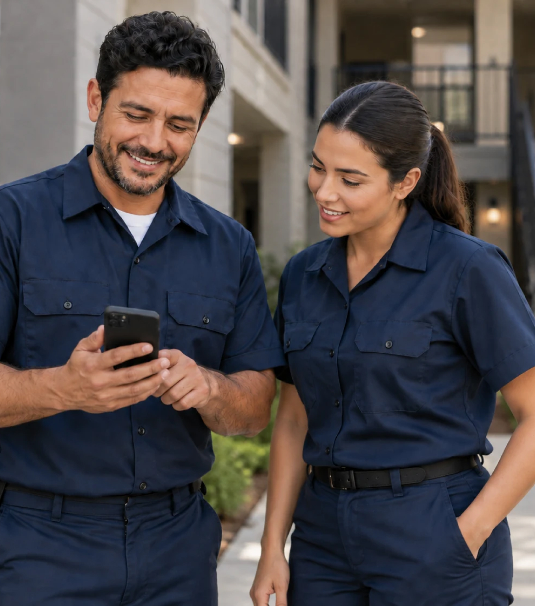 Two iApartments maintenance technicians reviewing an HVAC alert on a phone outside an apartment building