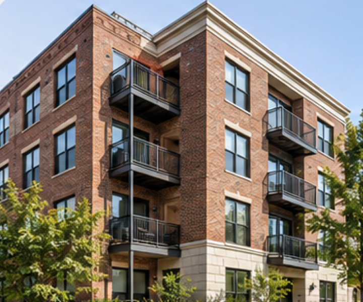 Brick mid-rise apartment building representing existing communities