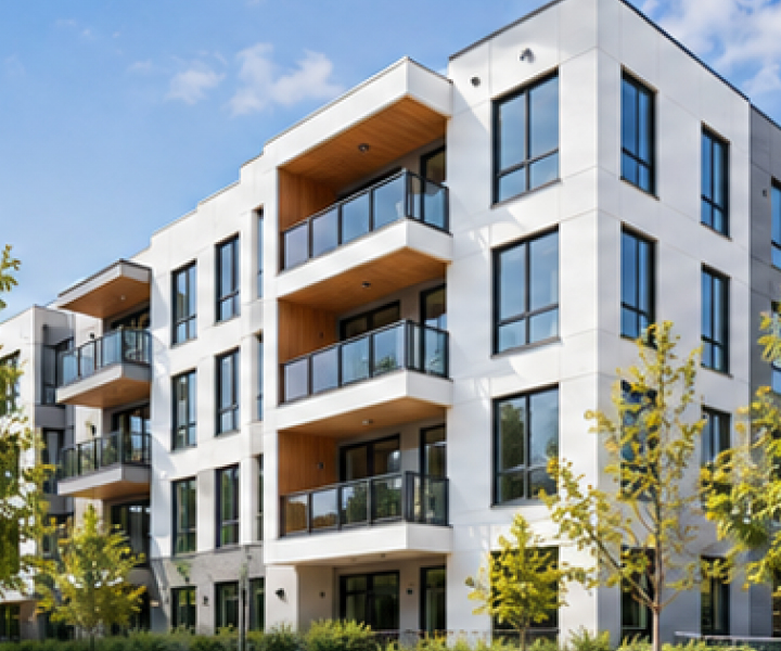 Modern white apartment building representing new construction
