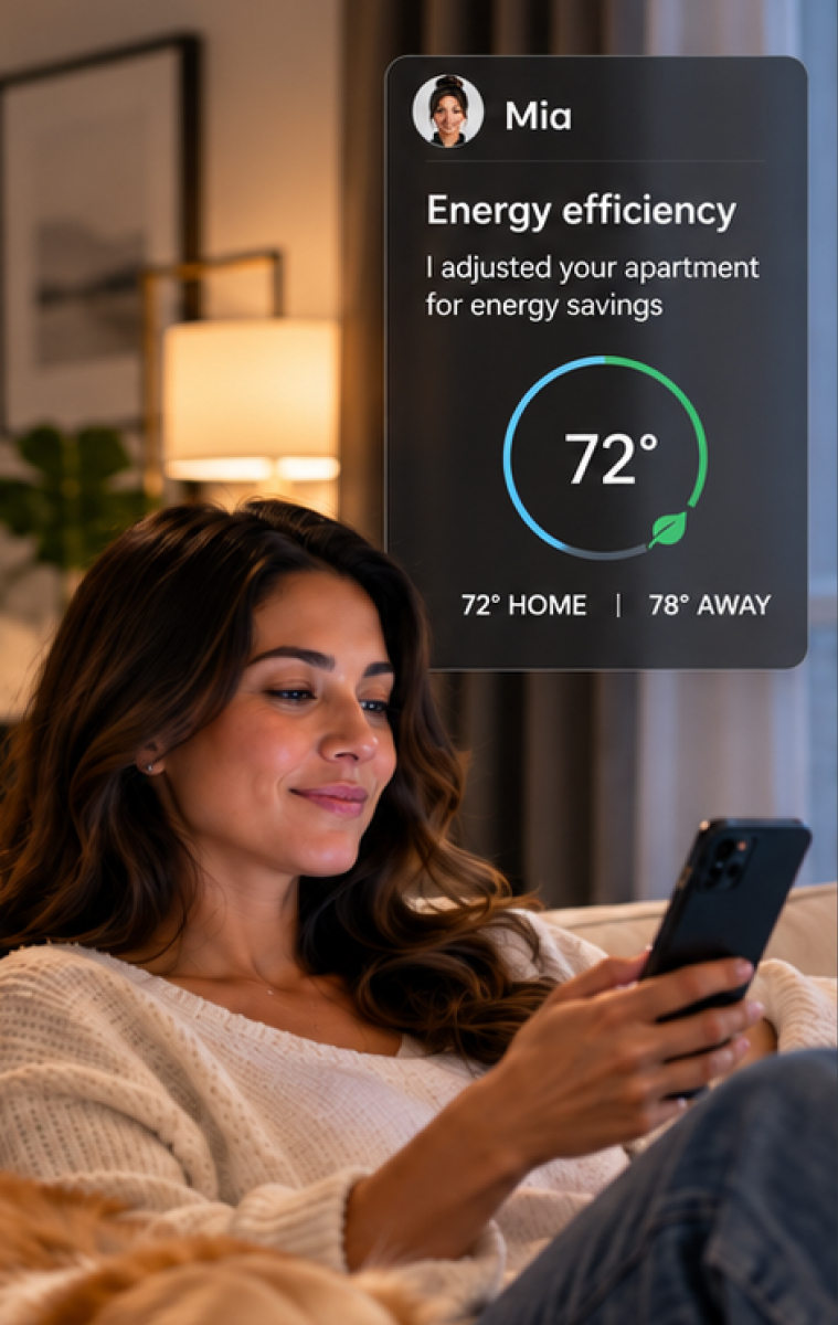 Resident relaxing at home while Mia adjusts the apartment temperature for energy savings