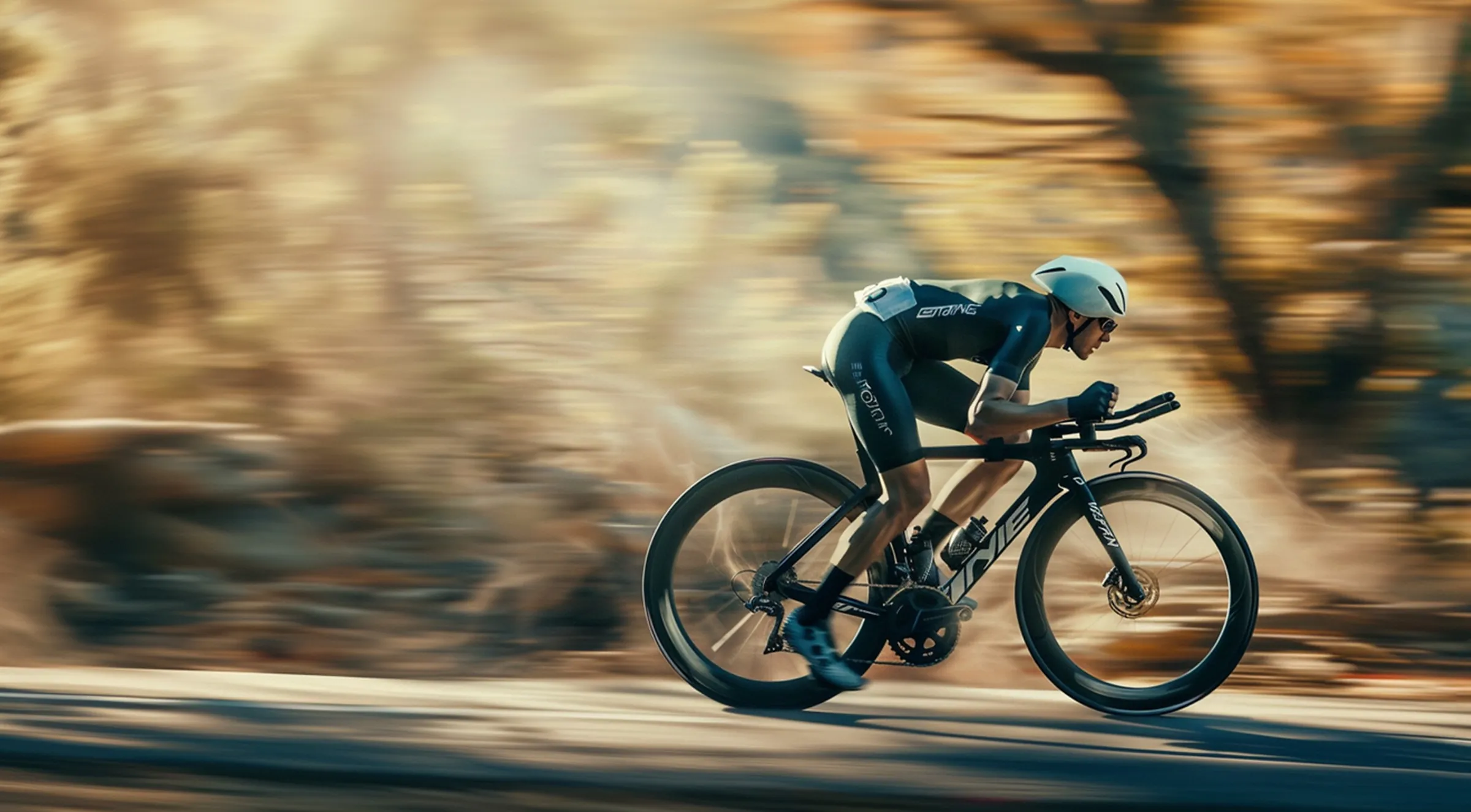 Triathlete in an aero position riding a time trial bike at speed