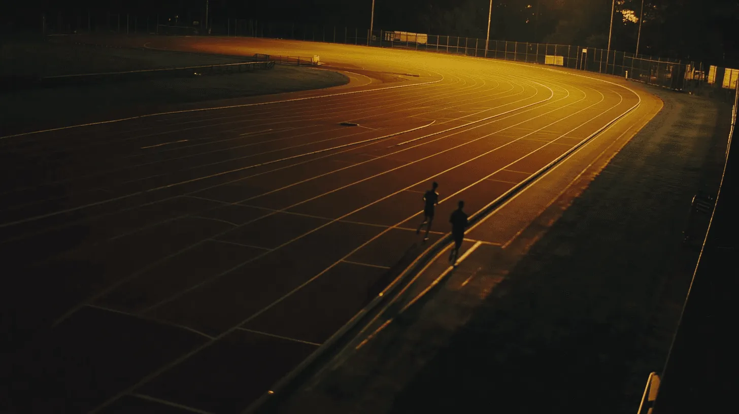 Aerial view of an empty running track lit at night