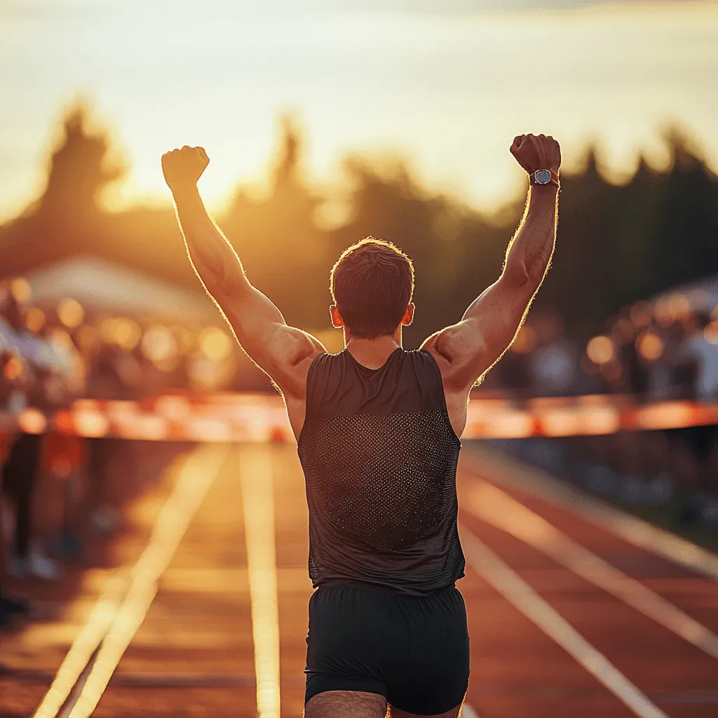 Runner raising both arms after crossing the finish line on a track