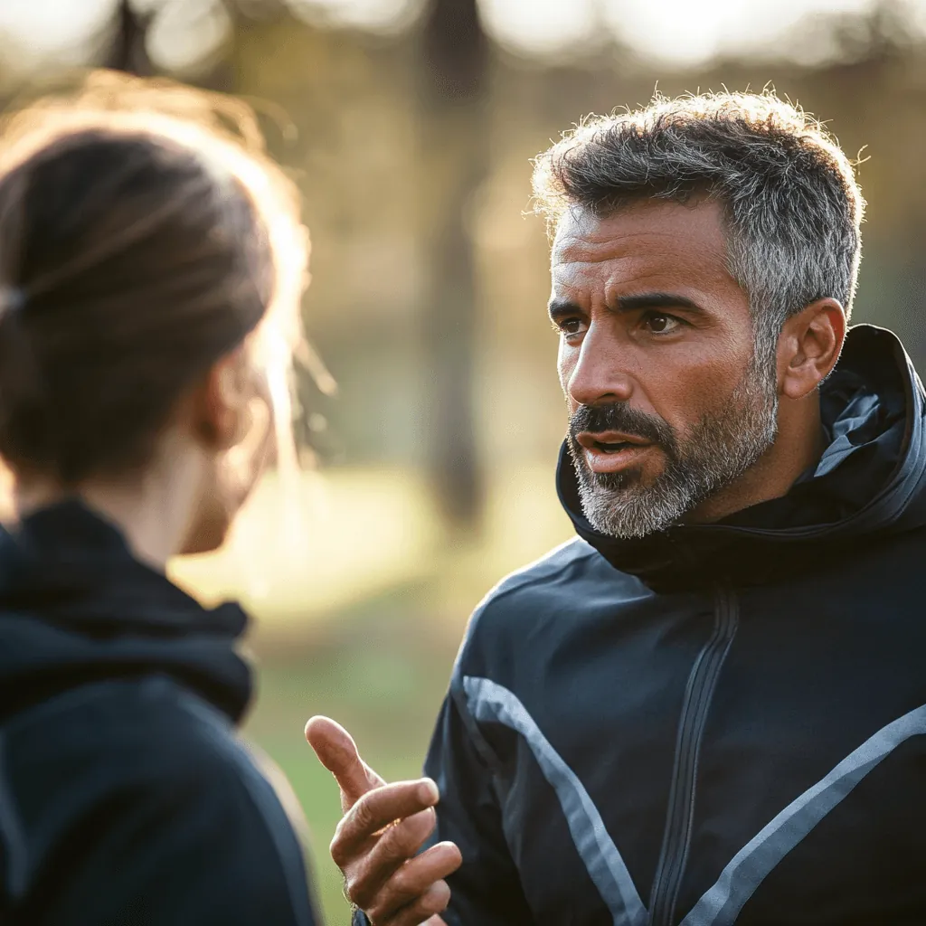 Coach in a dark jacket talking with an athlete outdoors