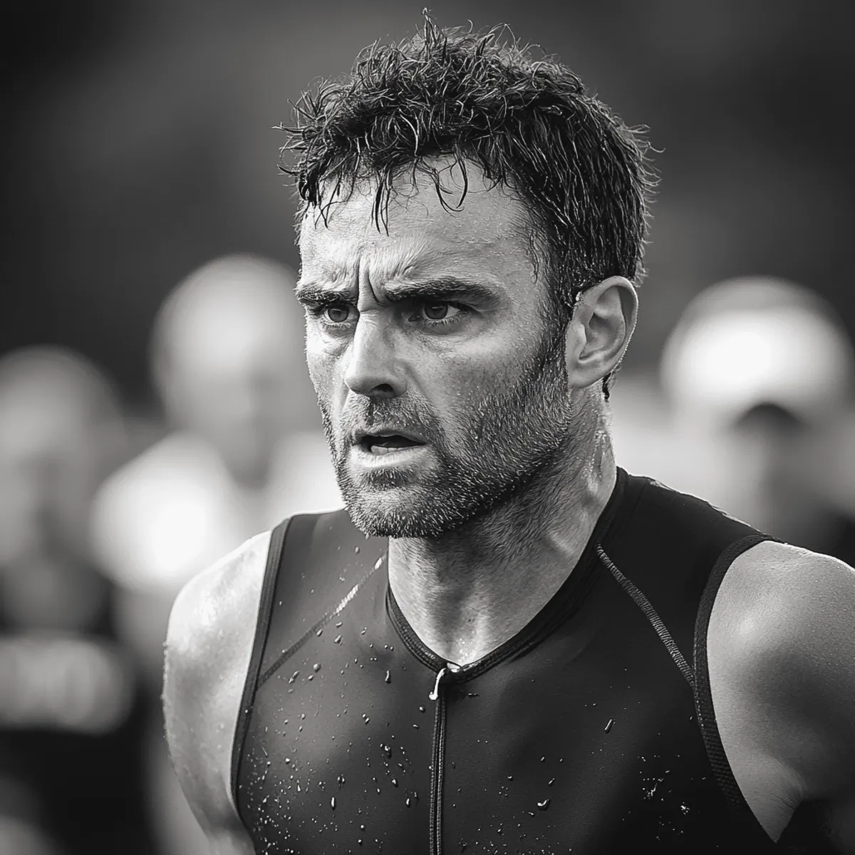 Black and white portrait of a focused triathlete during a race