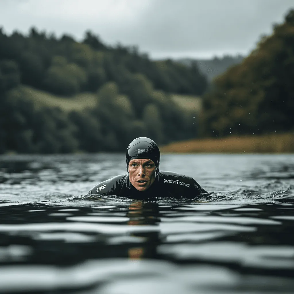 Open-water swimmer in a wetsuit and cap swimming in a lake