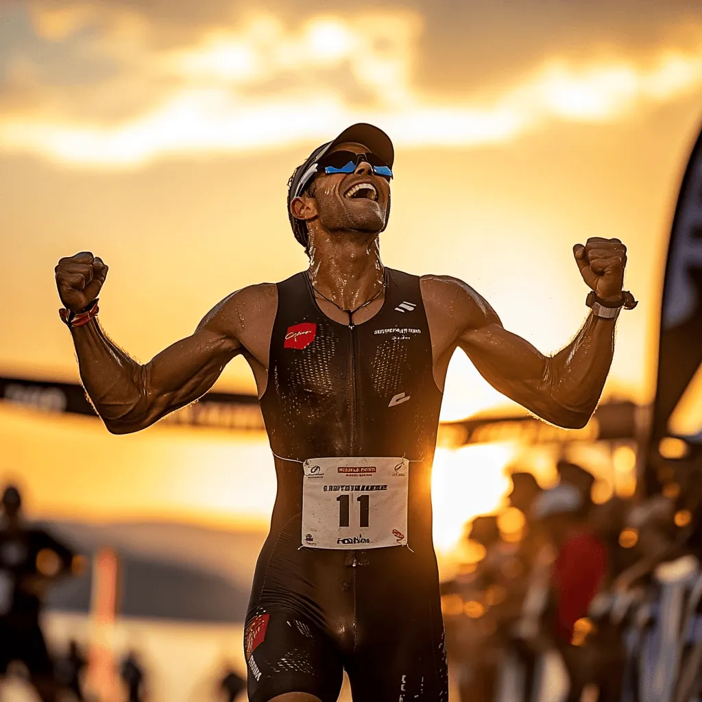 Triathlete celebrating with raised arms at a sunset finish line