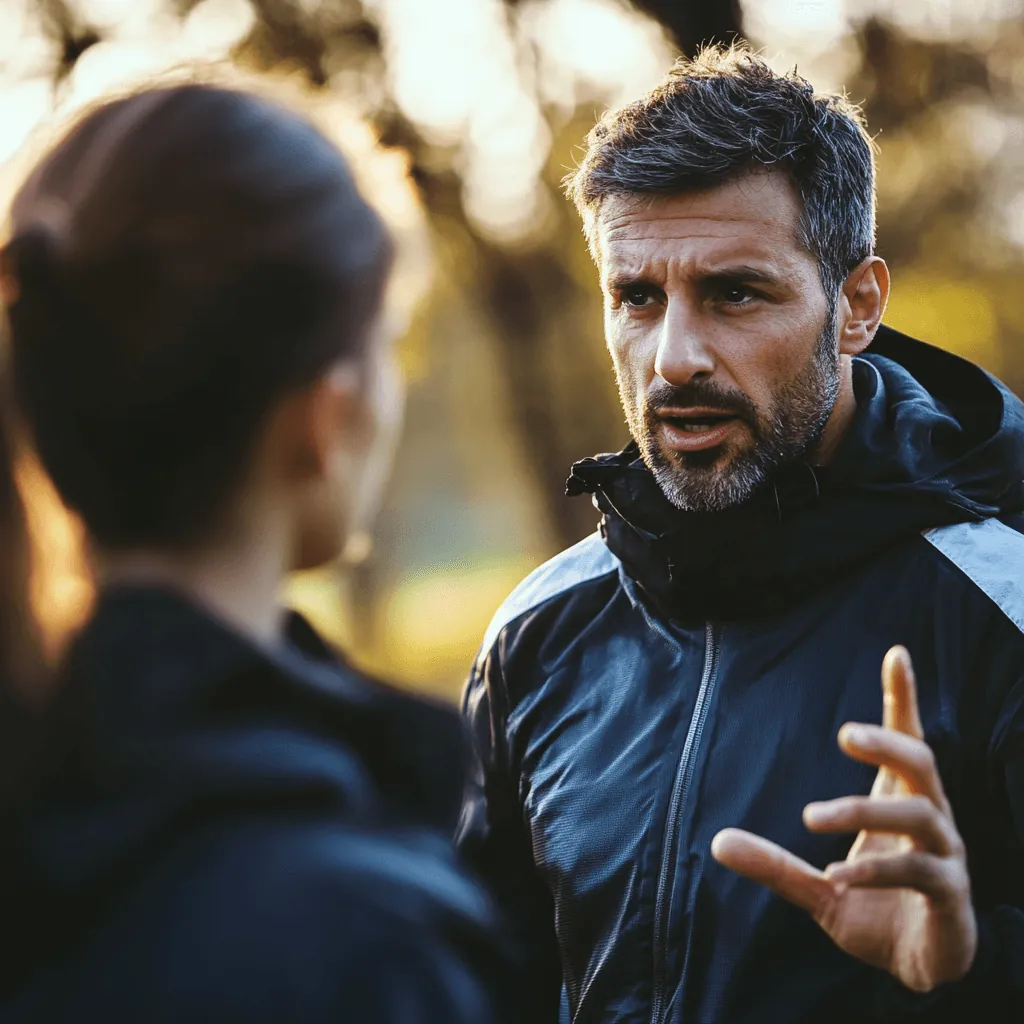 Coach explaining a training plan to an athlete outdoors