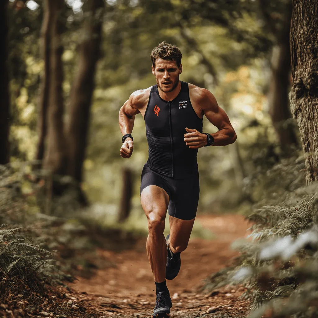 Triathlete running on a forest trail
