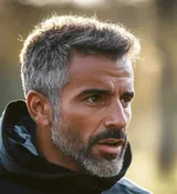 Portrait of the triathlon coach, a grey-haired man in a dark jacket