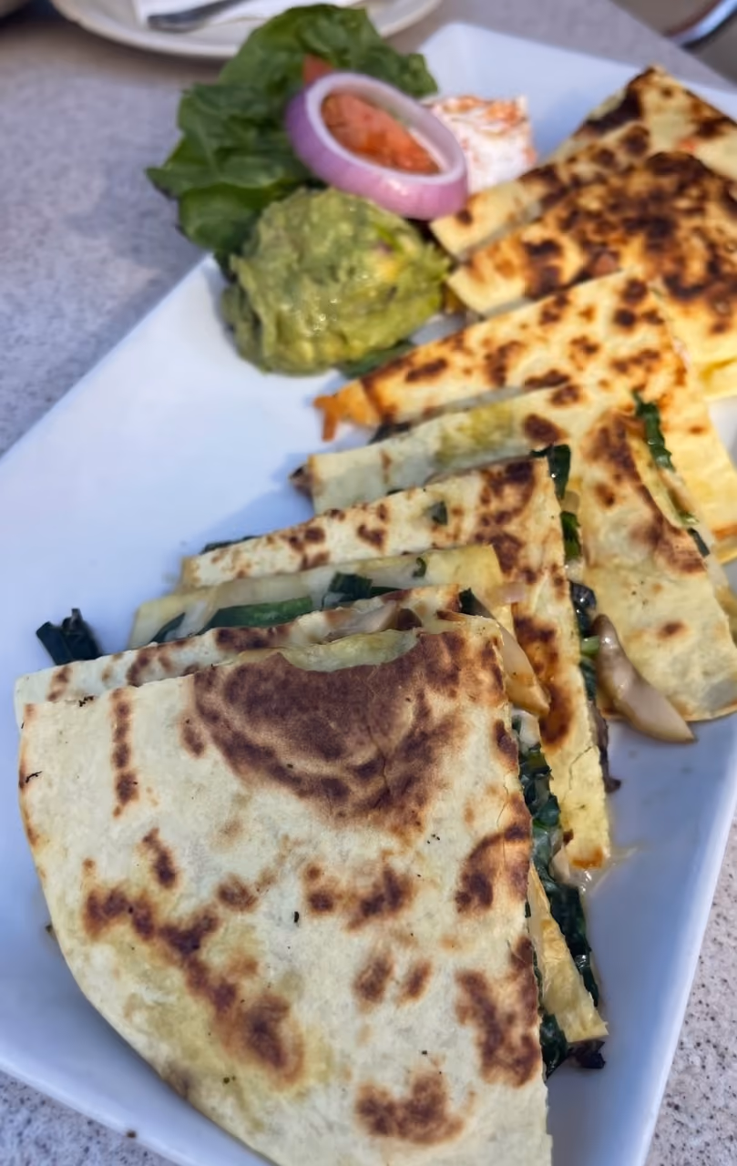 A plate of food with a tortilla sandwich and a side of guacamole.