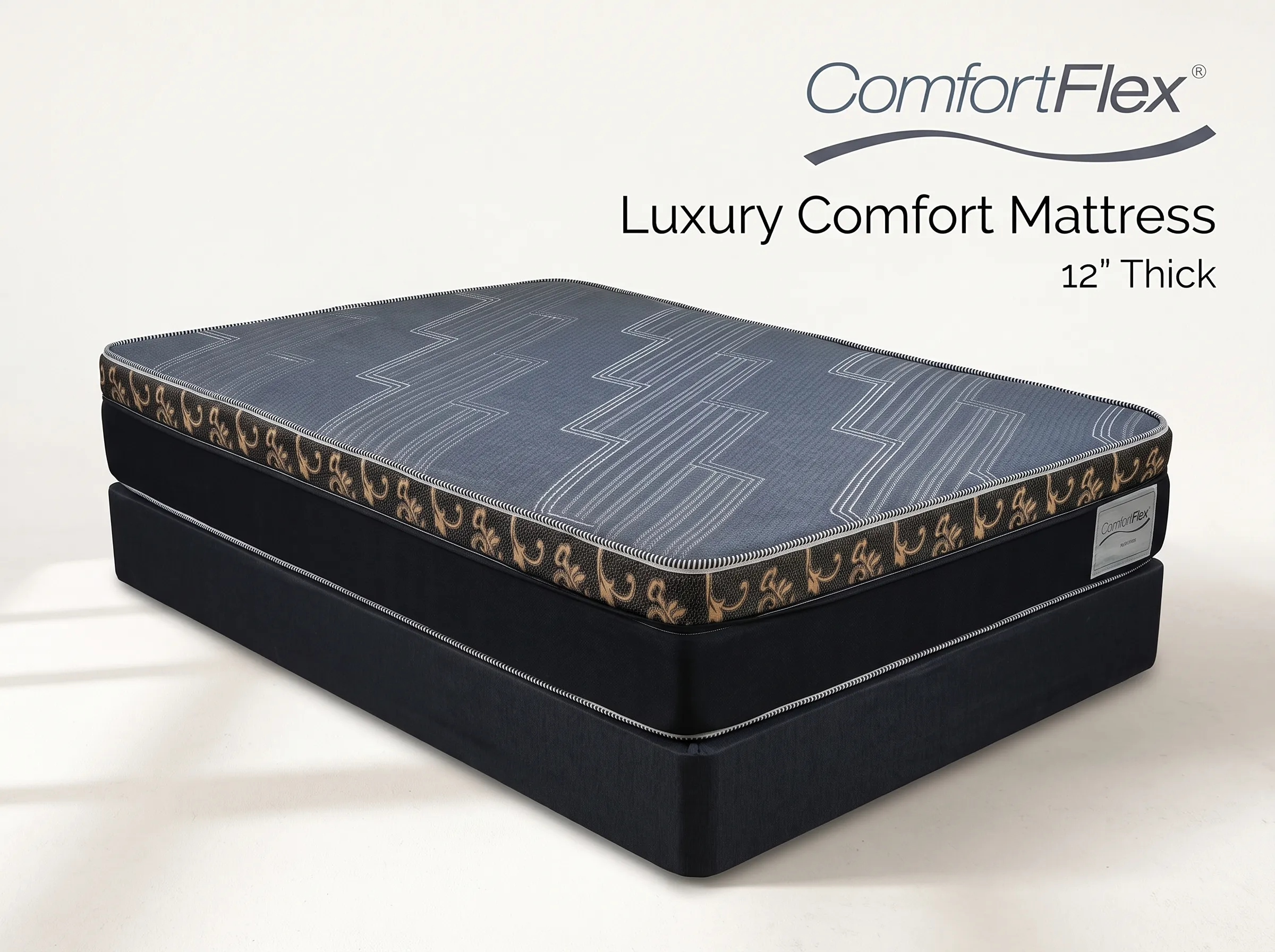 ComfortFlex Luxury Comfort mattress, 12 inches thick, with a navy quilted top