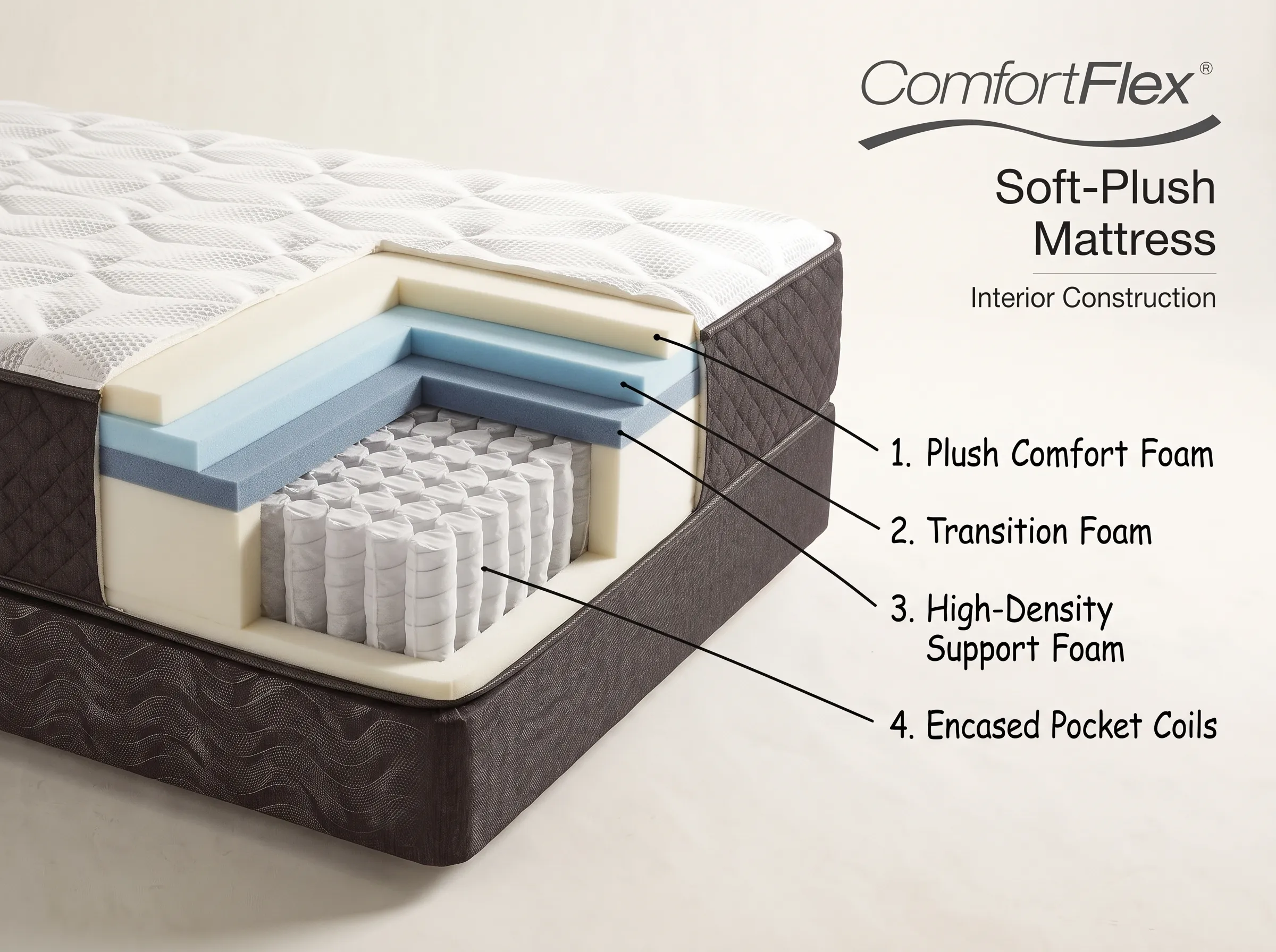 Cutaway of the Soft-Plush mattress showing its foam layers and pocket coils