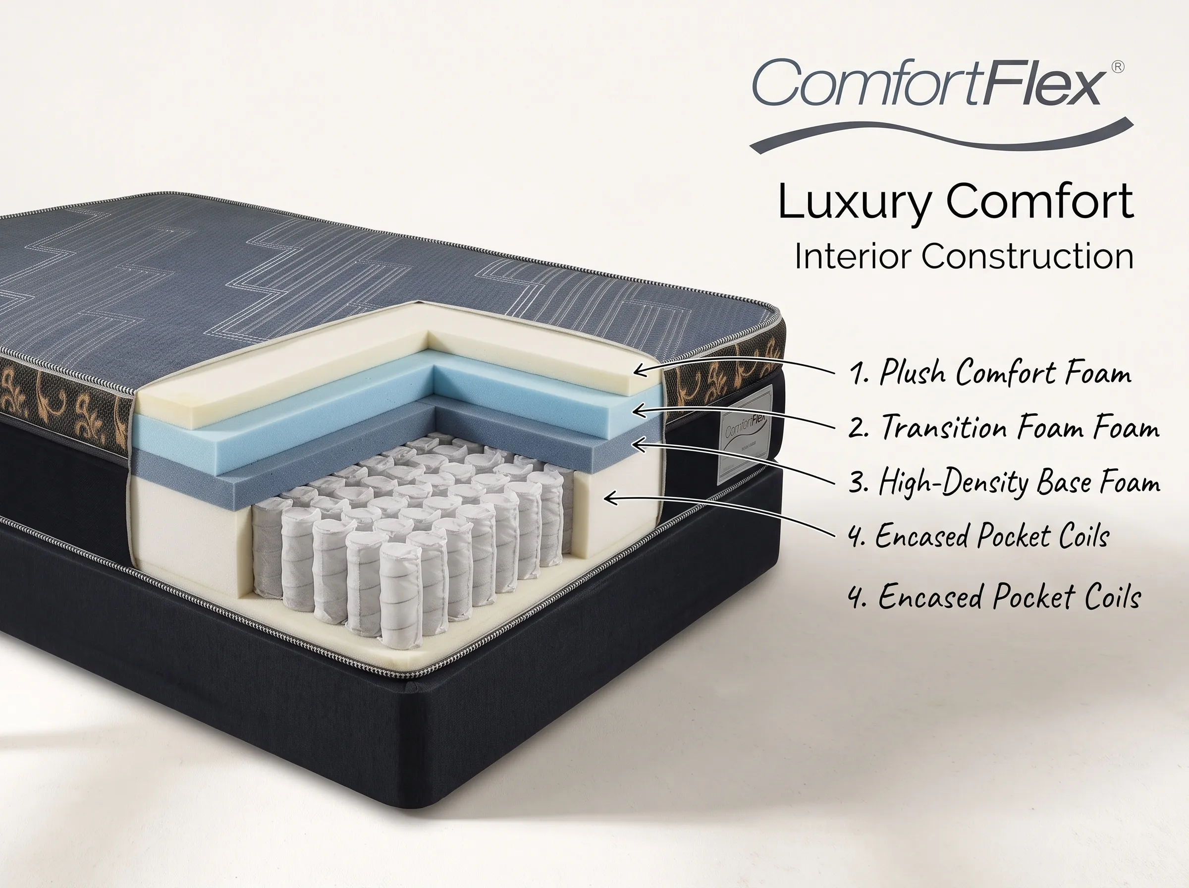 Cutaway of the Luxury Comfort mattress showing its foam layers and pocket coils