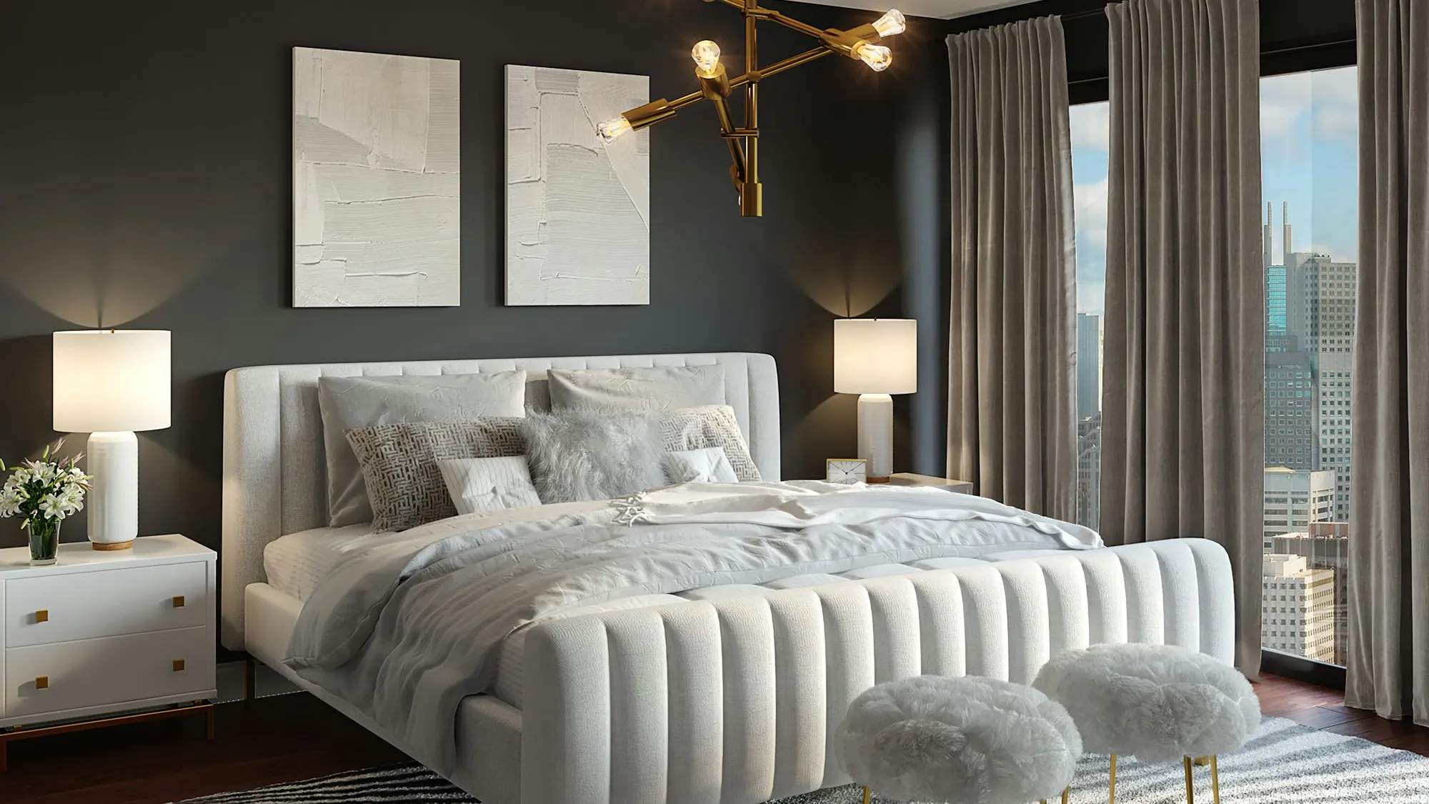 Modern bedroom with an upholstered bed and soft bedding