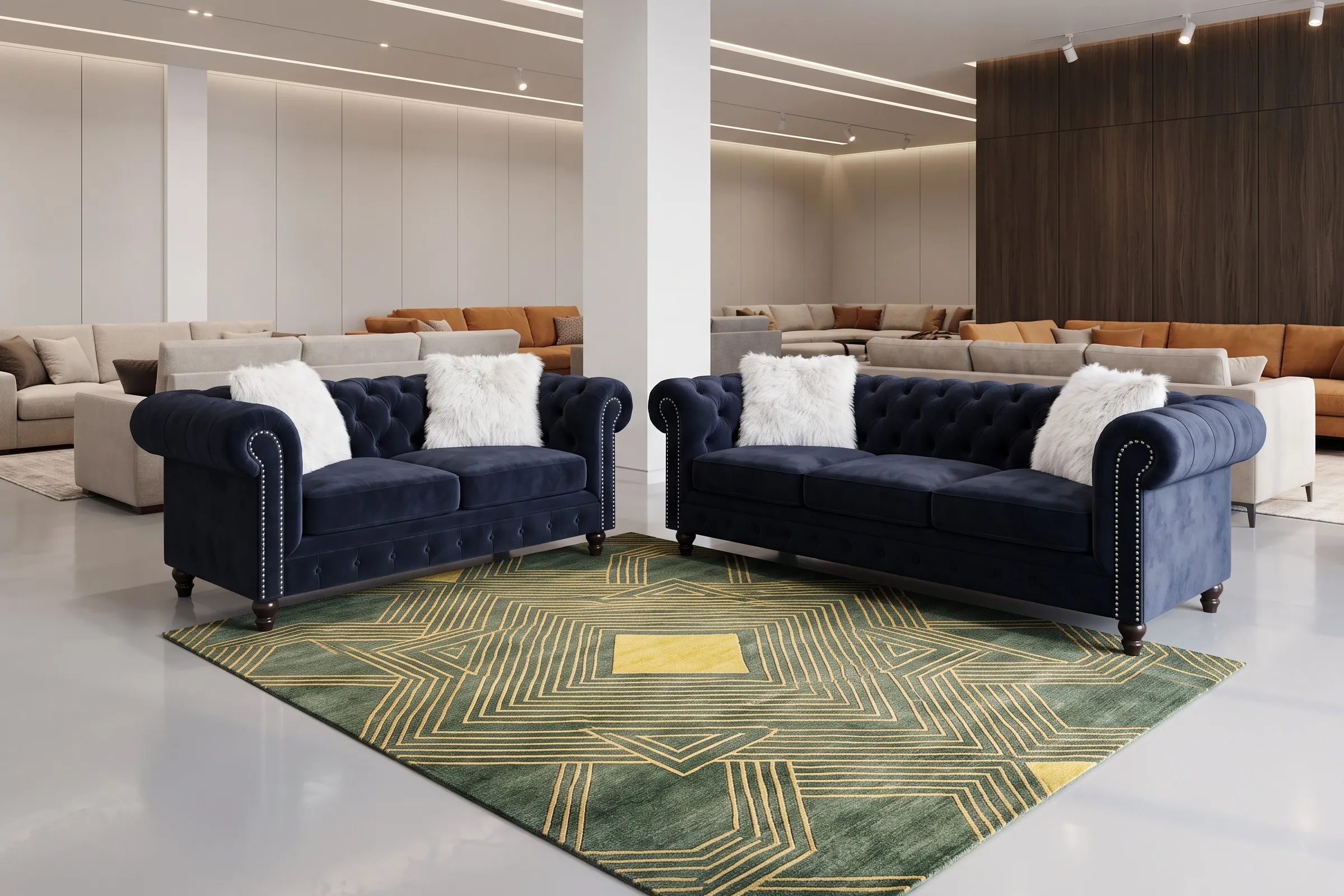 Navy button-tufted Chesterfield sofa and loveseat with white accent pillows