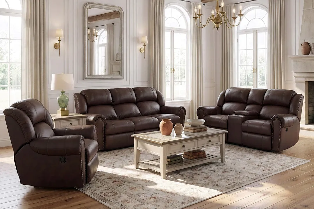 Brown reclining sofa, console loveseat and recliner chair in a bright living room