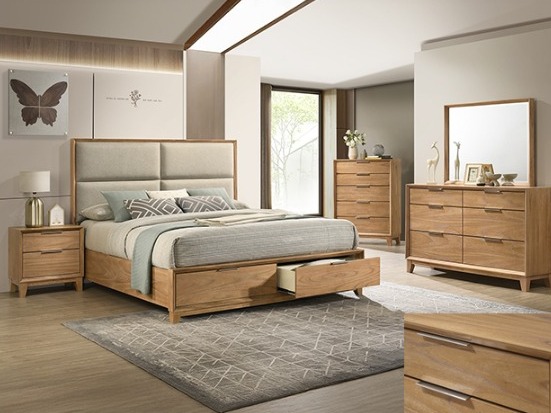 Light oak bedroom set with an upholstered panel headboard and storage drawers in the bed