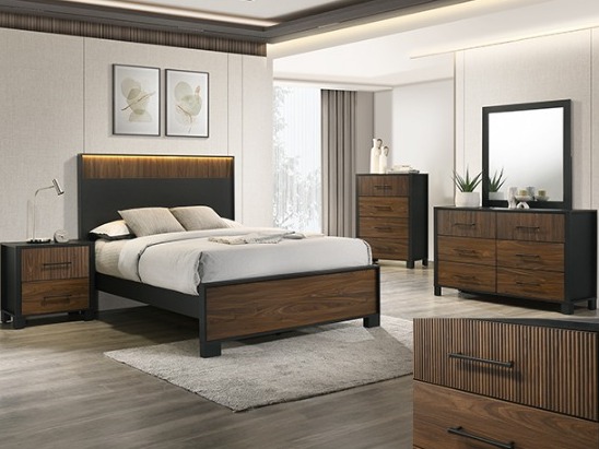 Two-tone black and walnut bedroom set with a lit headboard