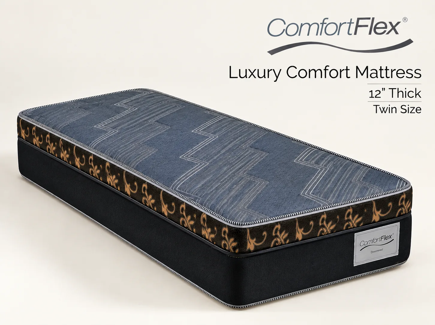 ComfortFlex Luxury Comfort mattress, 12 inches thick, with a navy quilted top