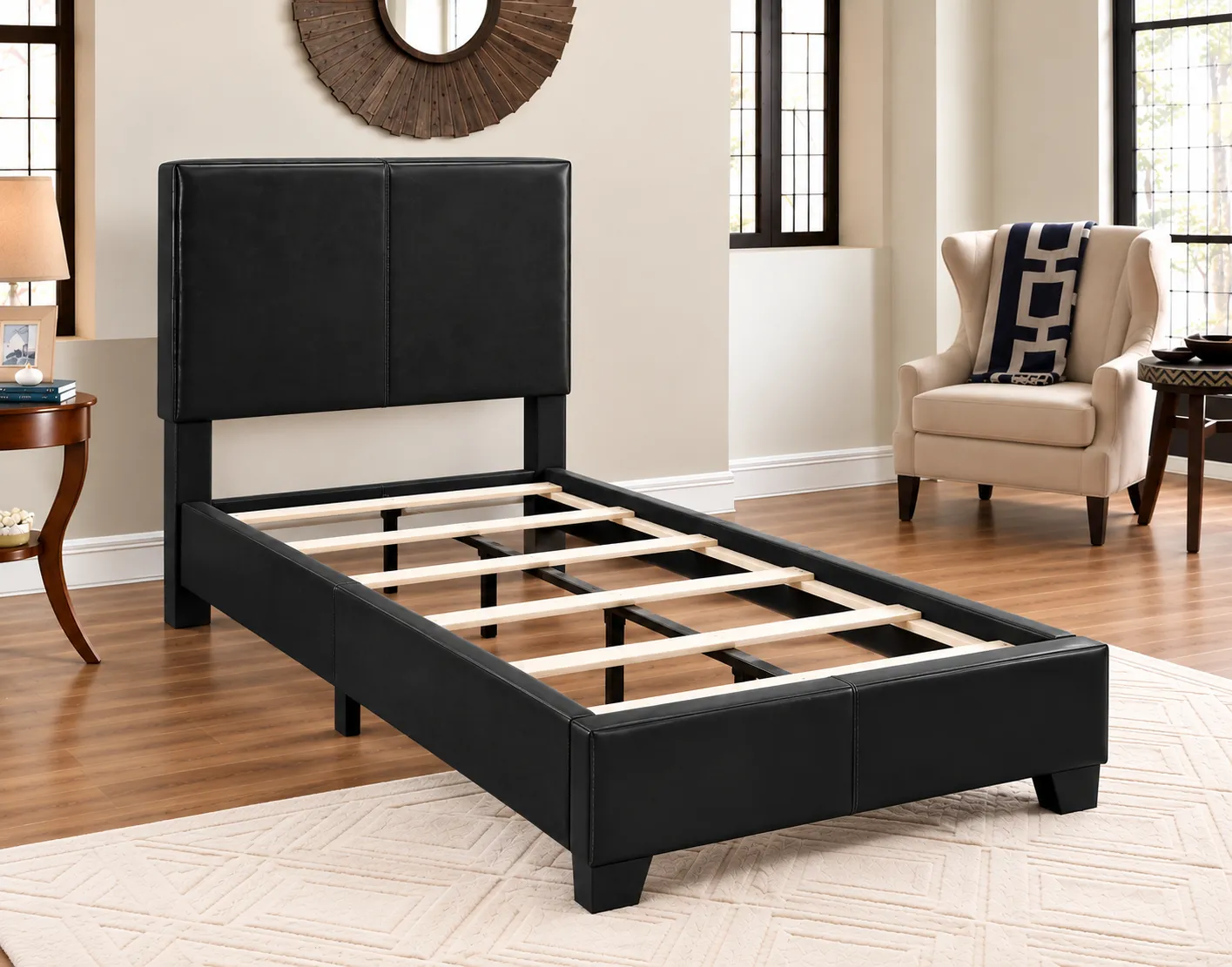 Erin Complete Bed frame without a mattress, showing the wood slats and center support legs