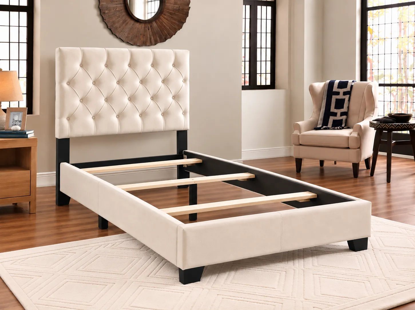 Ivory Tufted Upholstered Bed frame without a mattress, showing the wood slats and center support legs