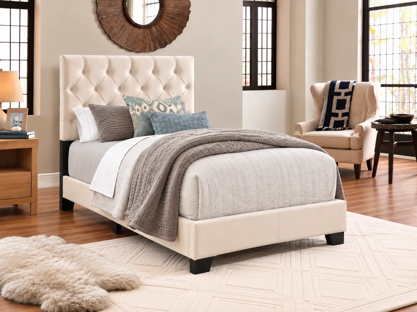 ComfortFlex Ivory Tufted Upholstered Bed, Twin size