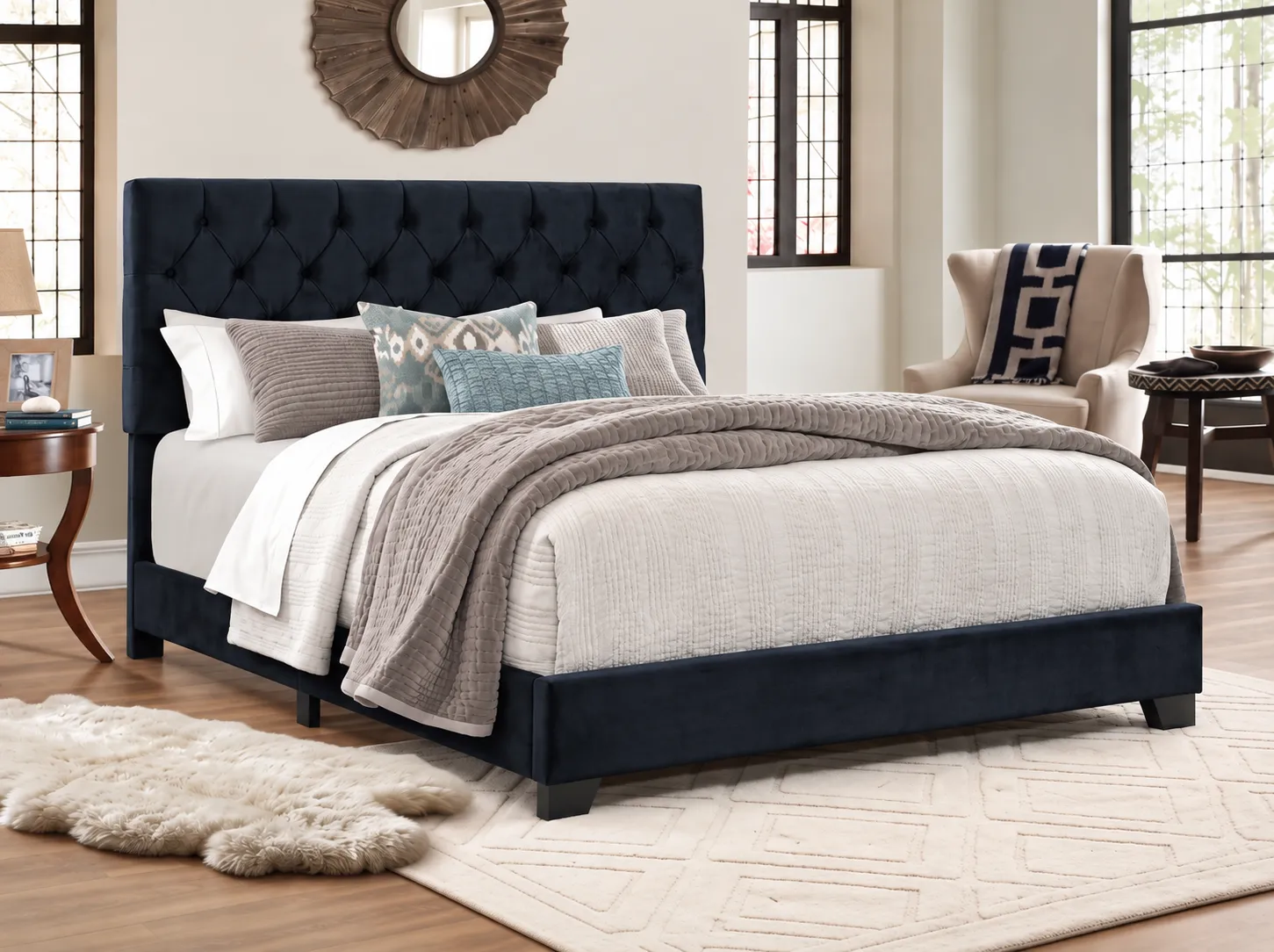 Black Tufted Upholstered Bed, made up with bedding