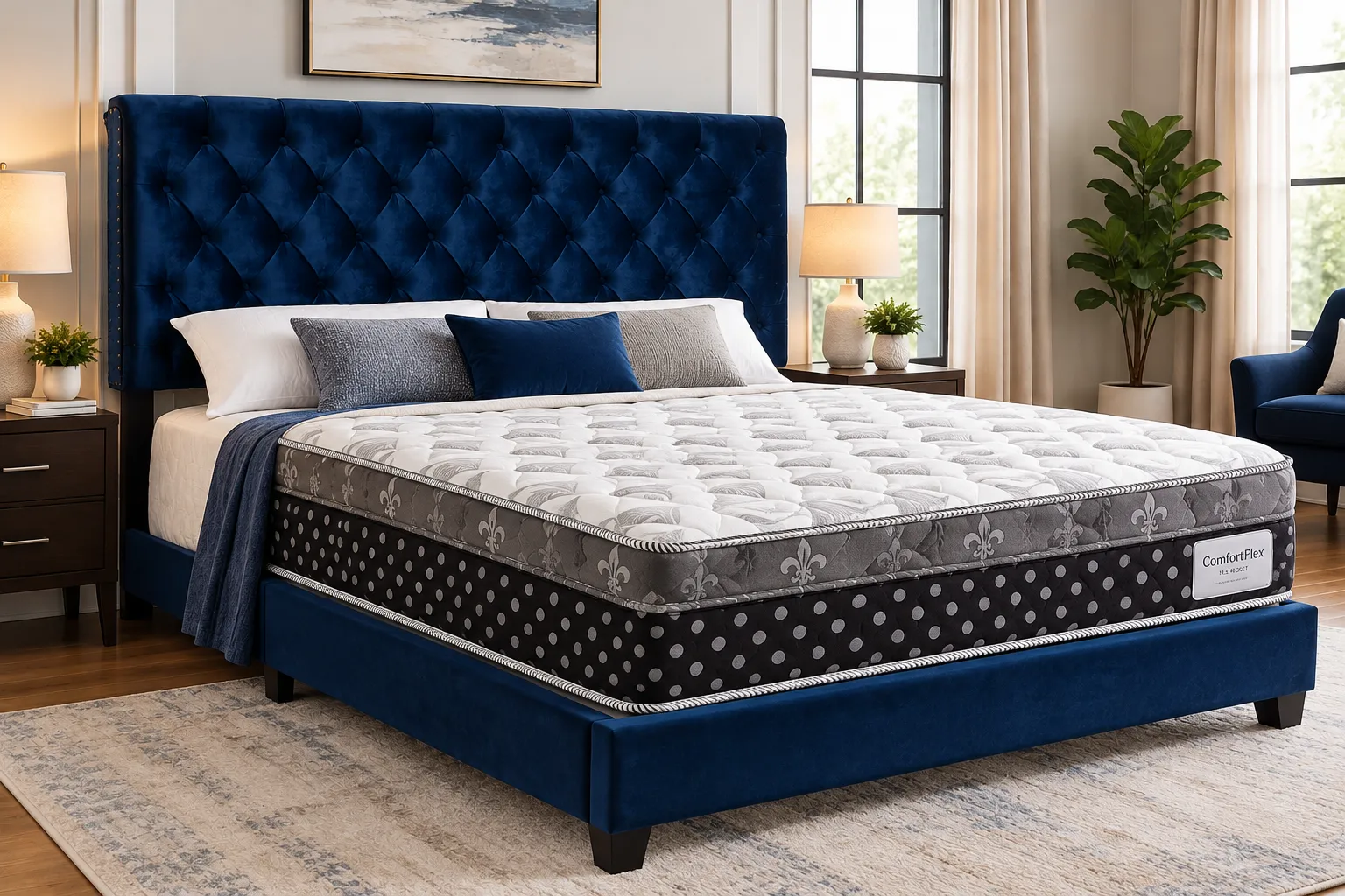 ComfortFlex Navy Velvet Tufted Upholstered Bed, Queen size, with bedding