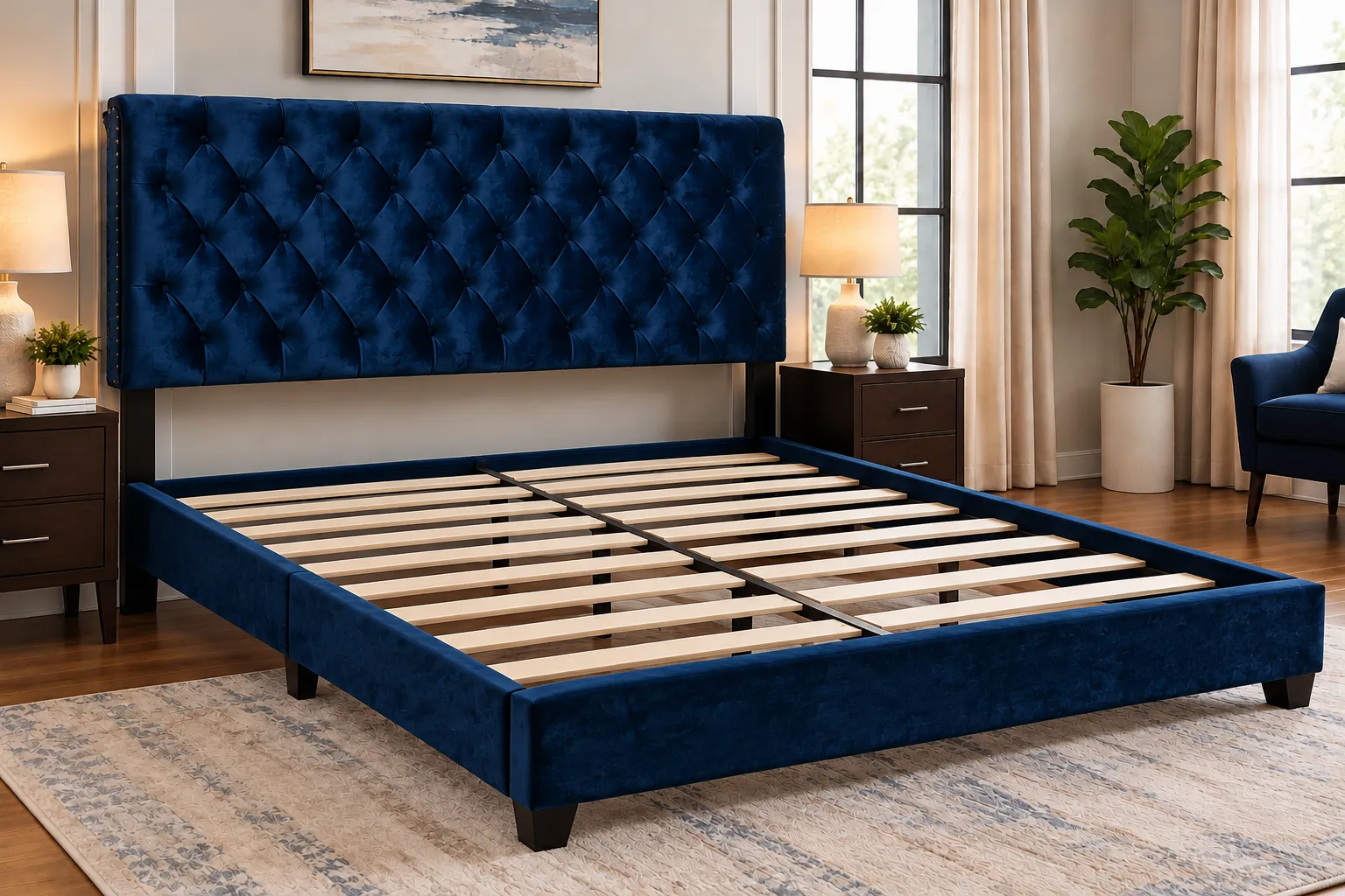 Navy Velvet Tufted Upholstered Bed frame without a mattress, showing the wood slats and center support rail