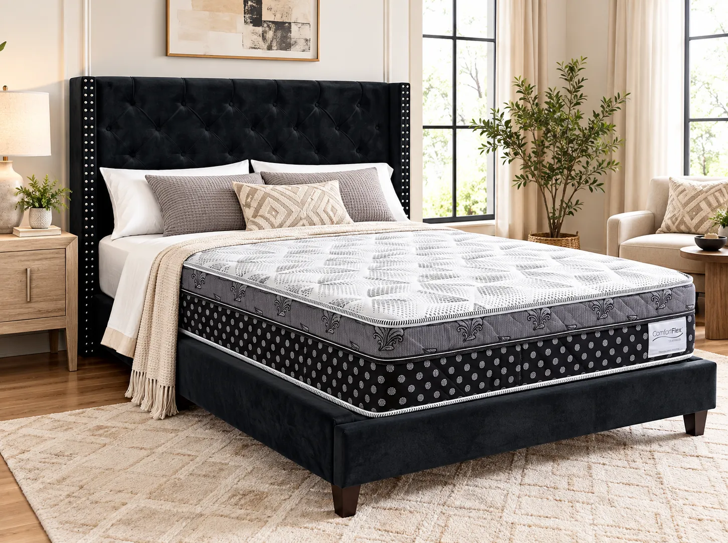 Wingback Tufted Upholstered Bed in black velvet, made up with bedding