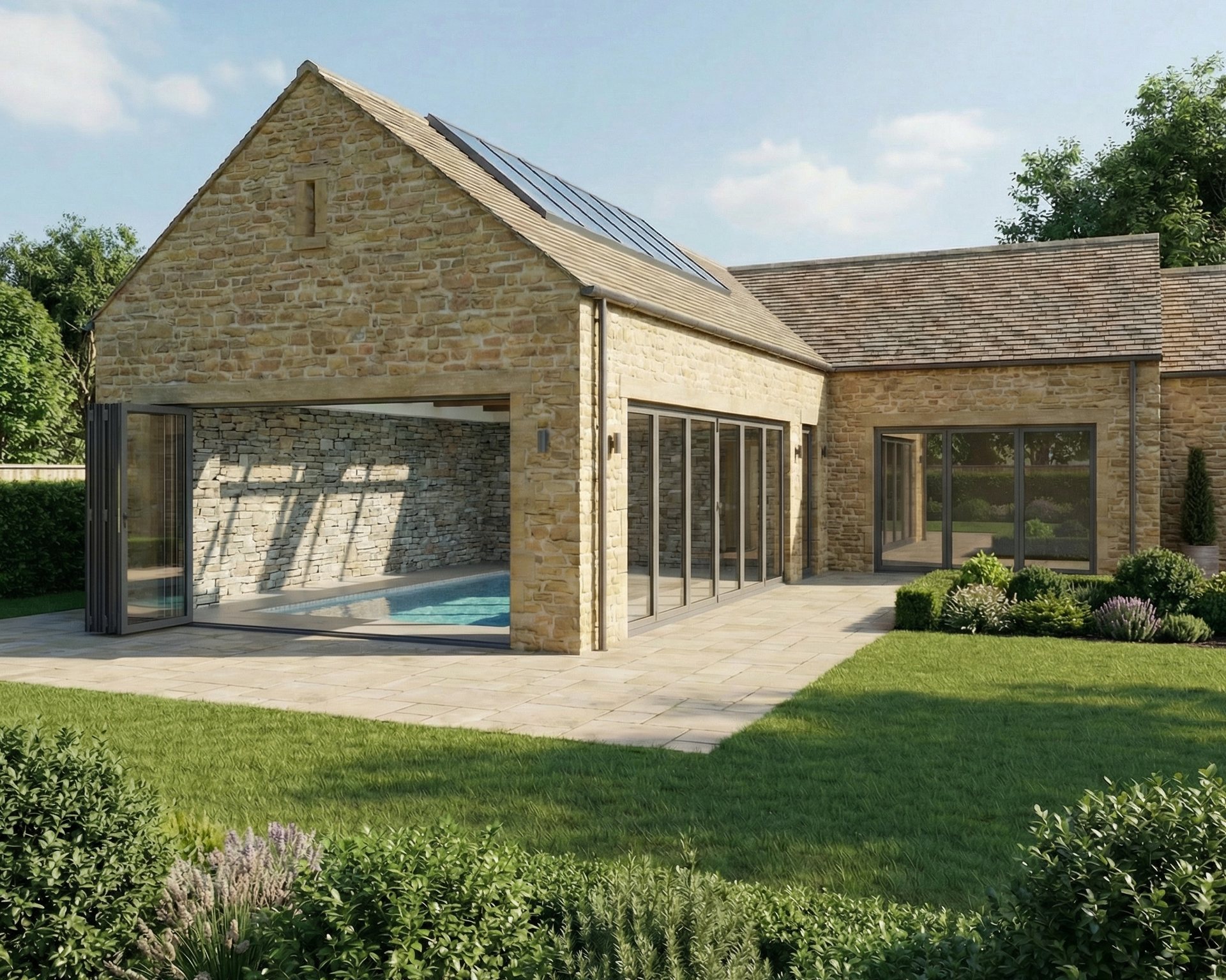 Cotswolds Pool Room, Burford: natural stone pool building opening onto the garden terrace