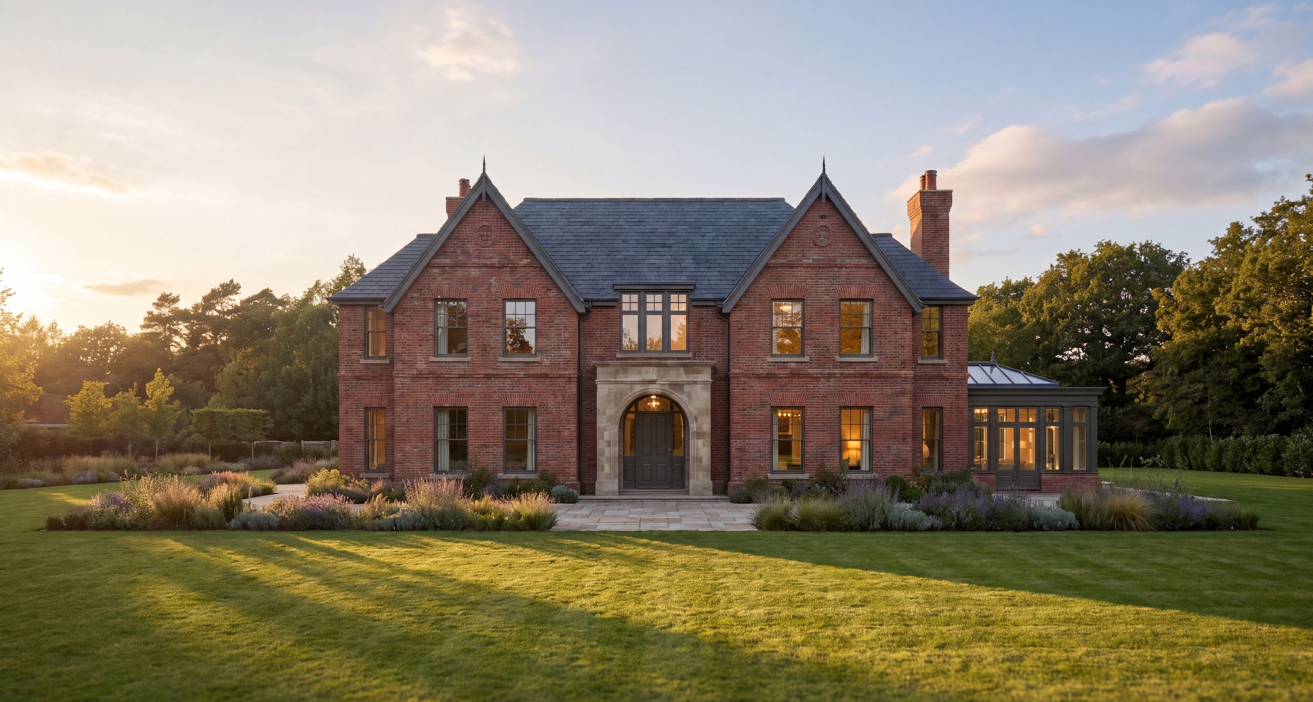 Beaconsfield replacement dwelling: red brick country house with twin gables and stone porch at golden hour, designed by Baltik