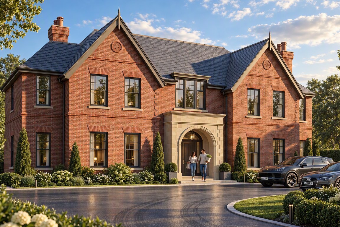 Beaconsfield replacement dwelling: front approach with stone entrance surround and sweeping driveway