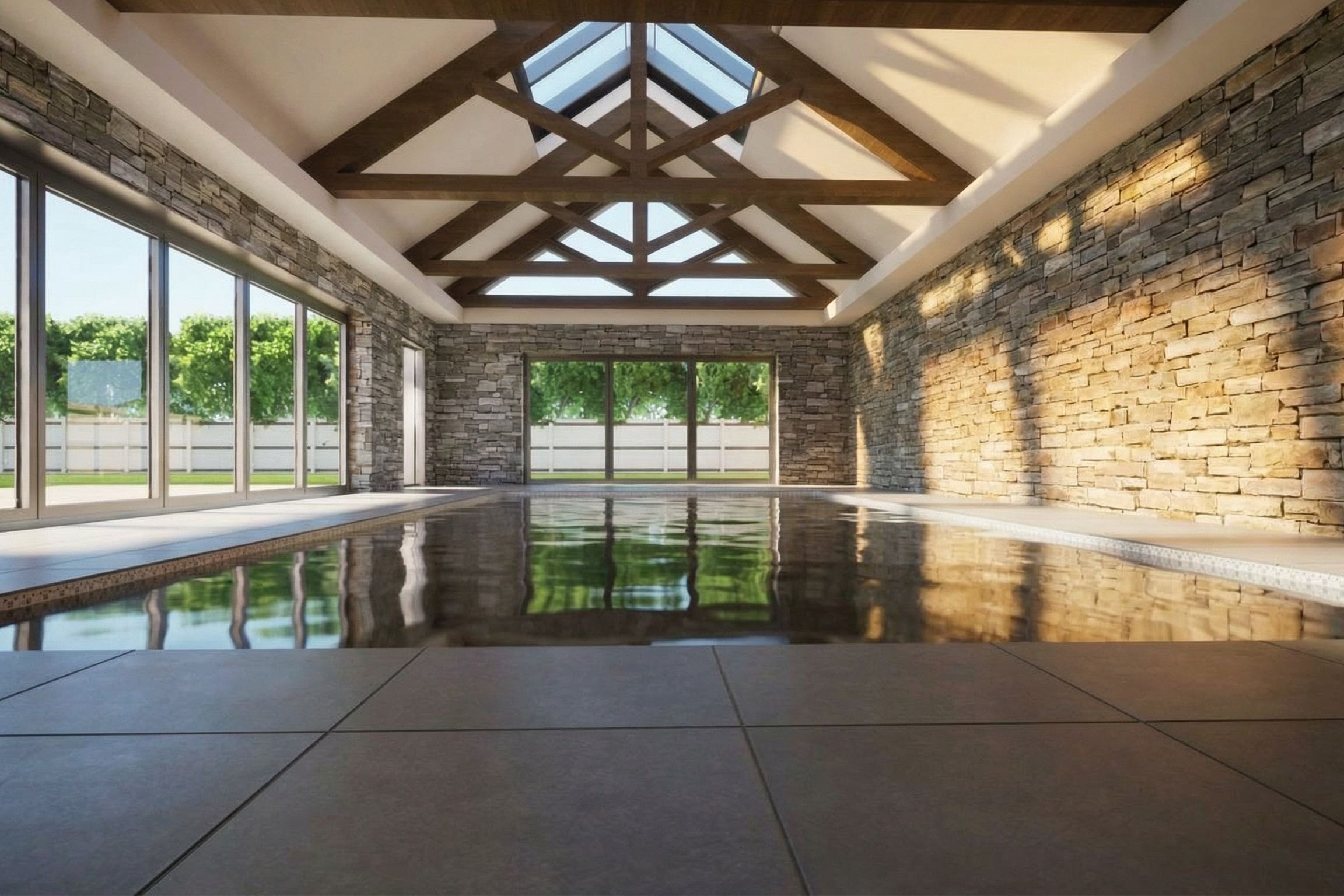 Meadow Covert, Church Broughton: indoor pool room with oak trusses, roof glazing and stone walls
