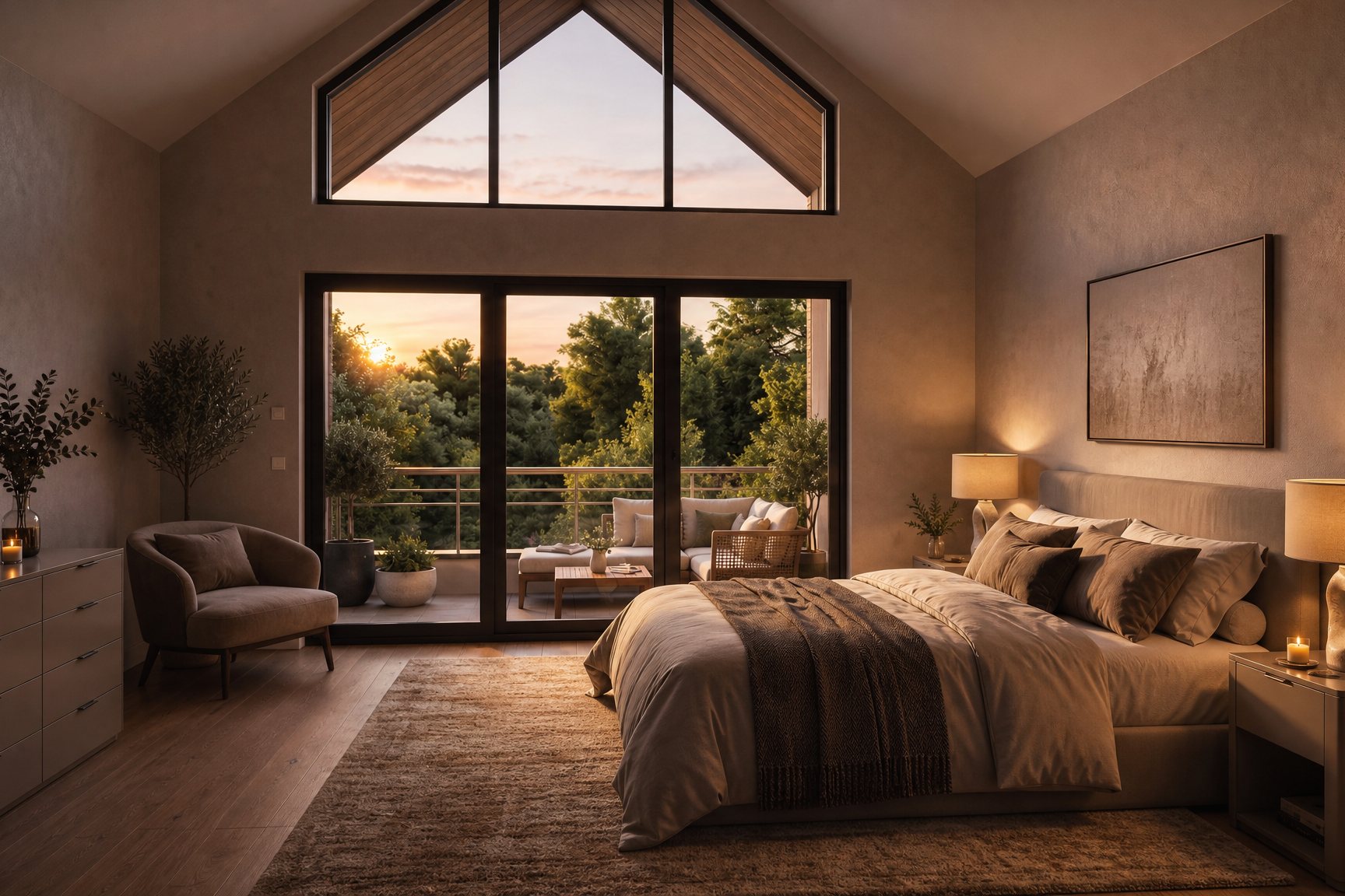 Blackwood Avenue, Woolton: master bedroom under the apex window with doors onto the balcony
