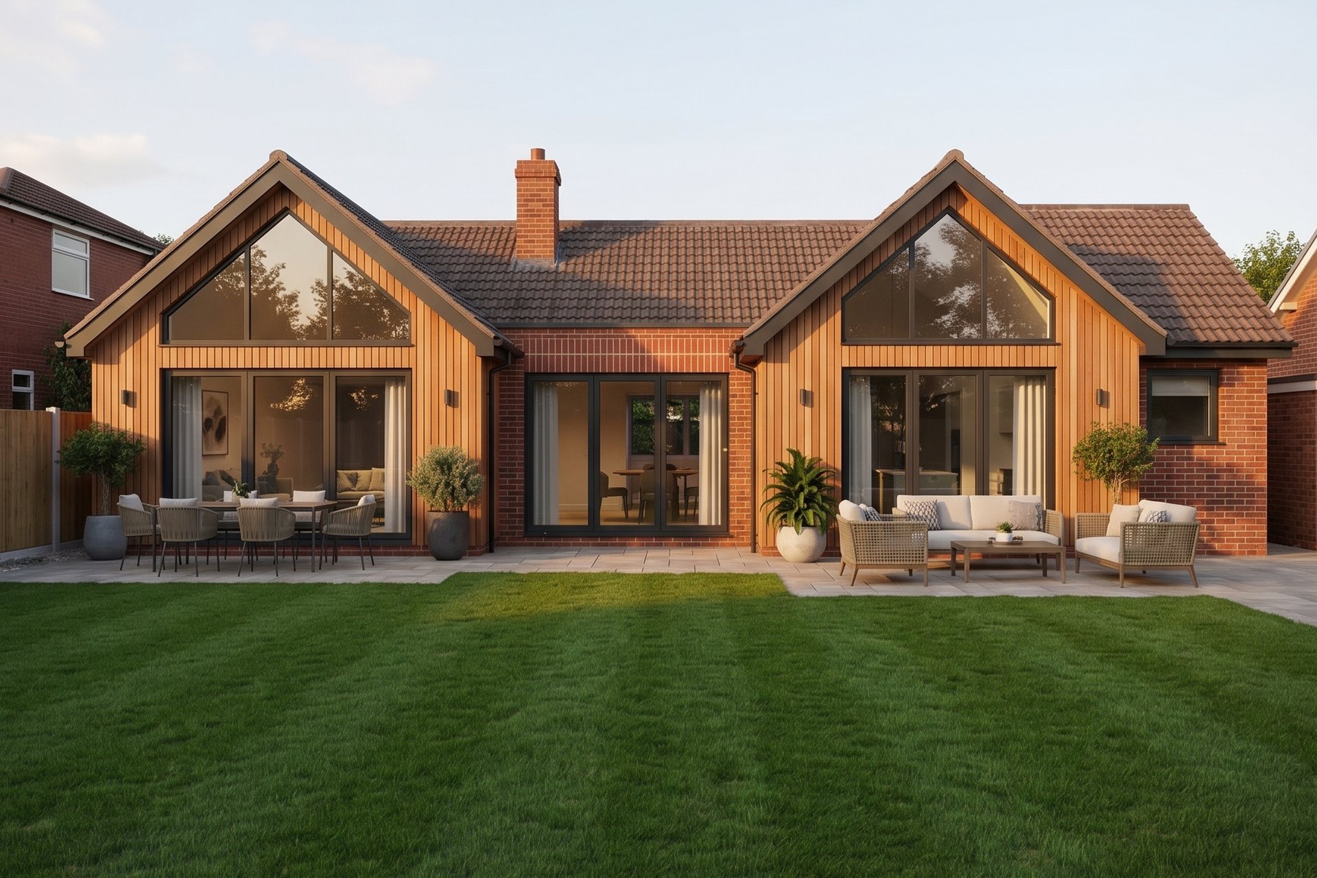 Bungalow extension, Barroncroft Road: alternative scheme in red brick with cedar-clad apex gables