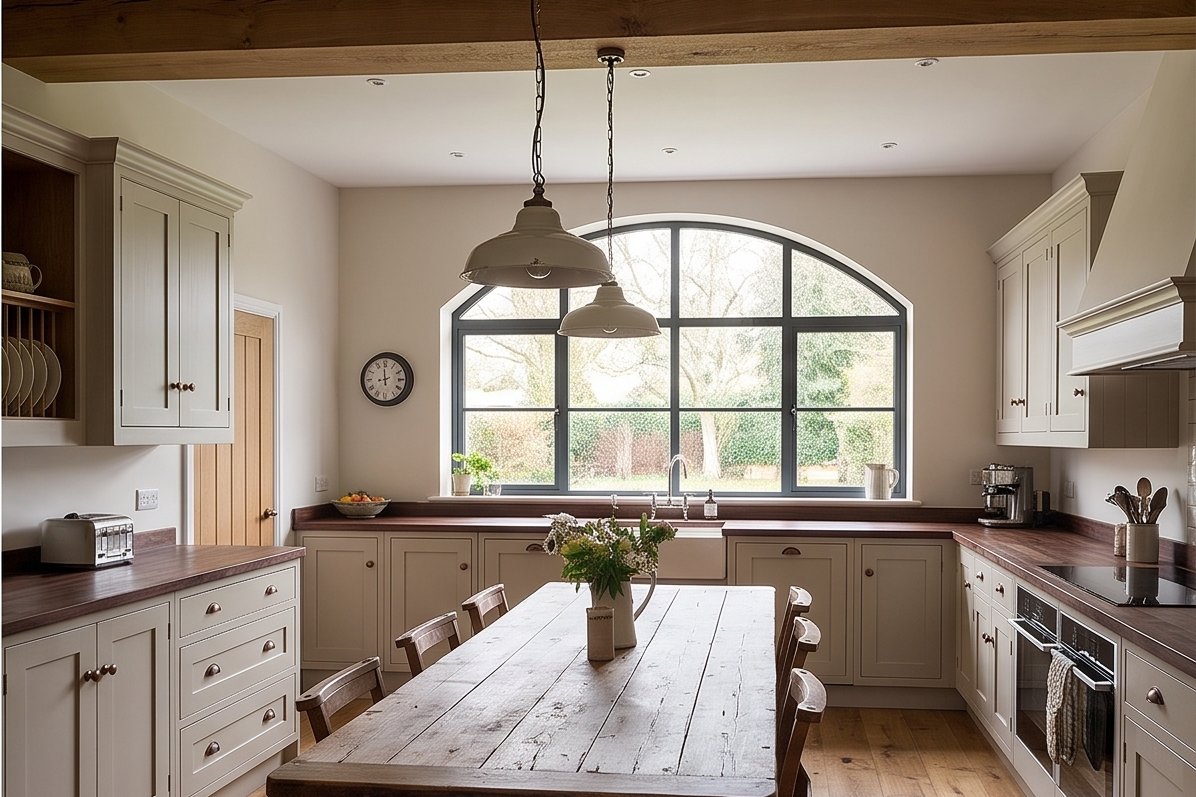 Barroncroft Road, Woolton: shaker kitchen with farmhouse table and arched window over the sink